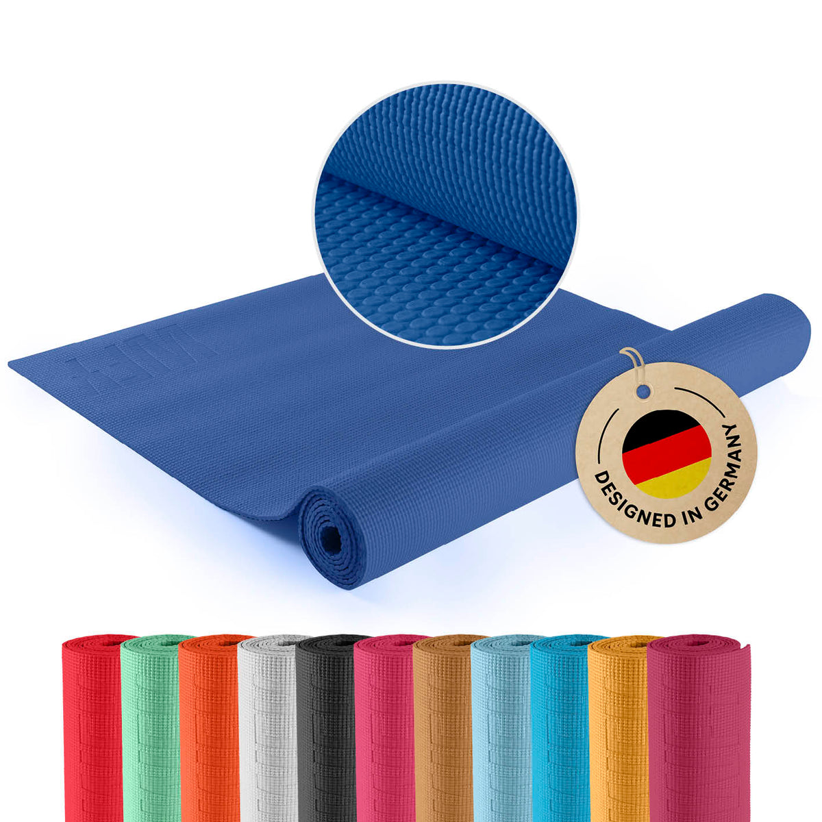 Yogamatte Kirana - 183 x 61 x 0,4 cm - Navyblau, weiche, rutschfeste ECO-PVC Trainingsunterlage für Pilates und Fitness.