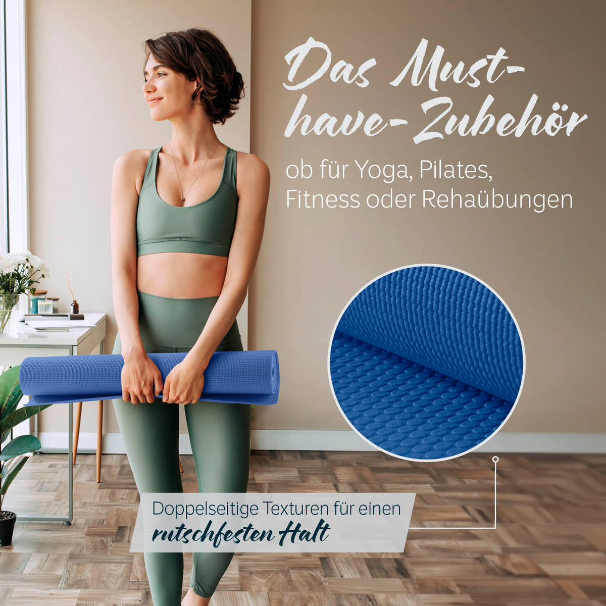 Yogamatte Kirana - 183 x 61 x 0,4 cm - Navyblau mit rutschfester Oberfläche, weich und pflegeleicht für Yoga, Pilates und Fitness.