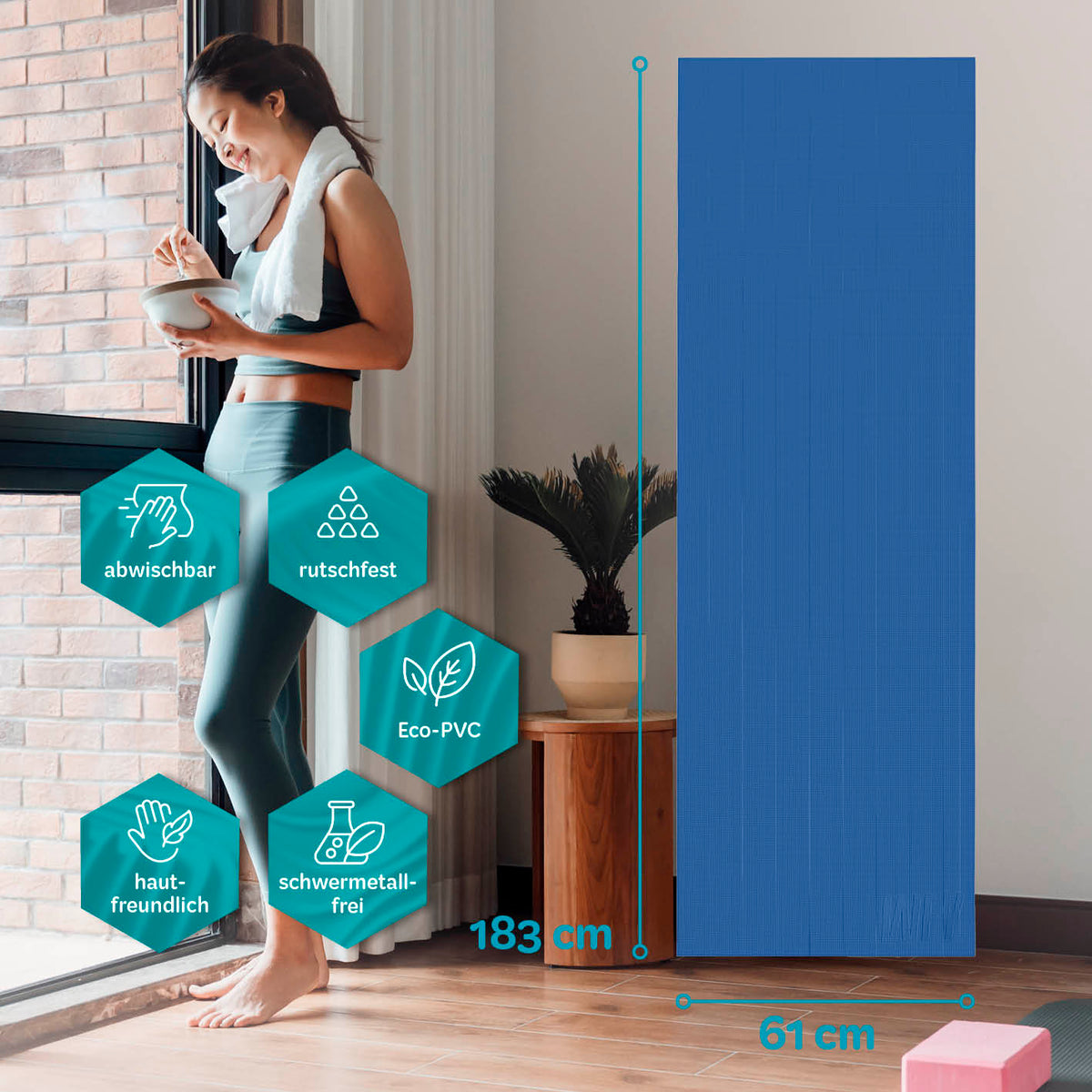Yogamatte Kirana - 183 x 61 x 0,4 cm - Navyblau, weiche, rutschfeste ECO-PVC Trainingsmatte, hautfreundlich und pflegeleicht.