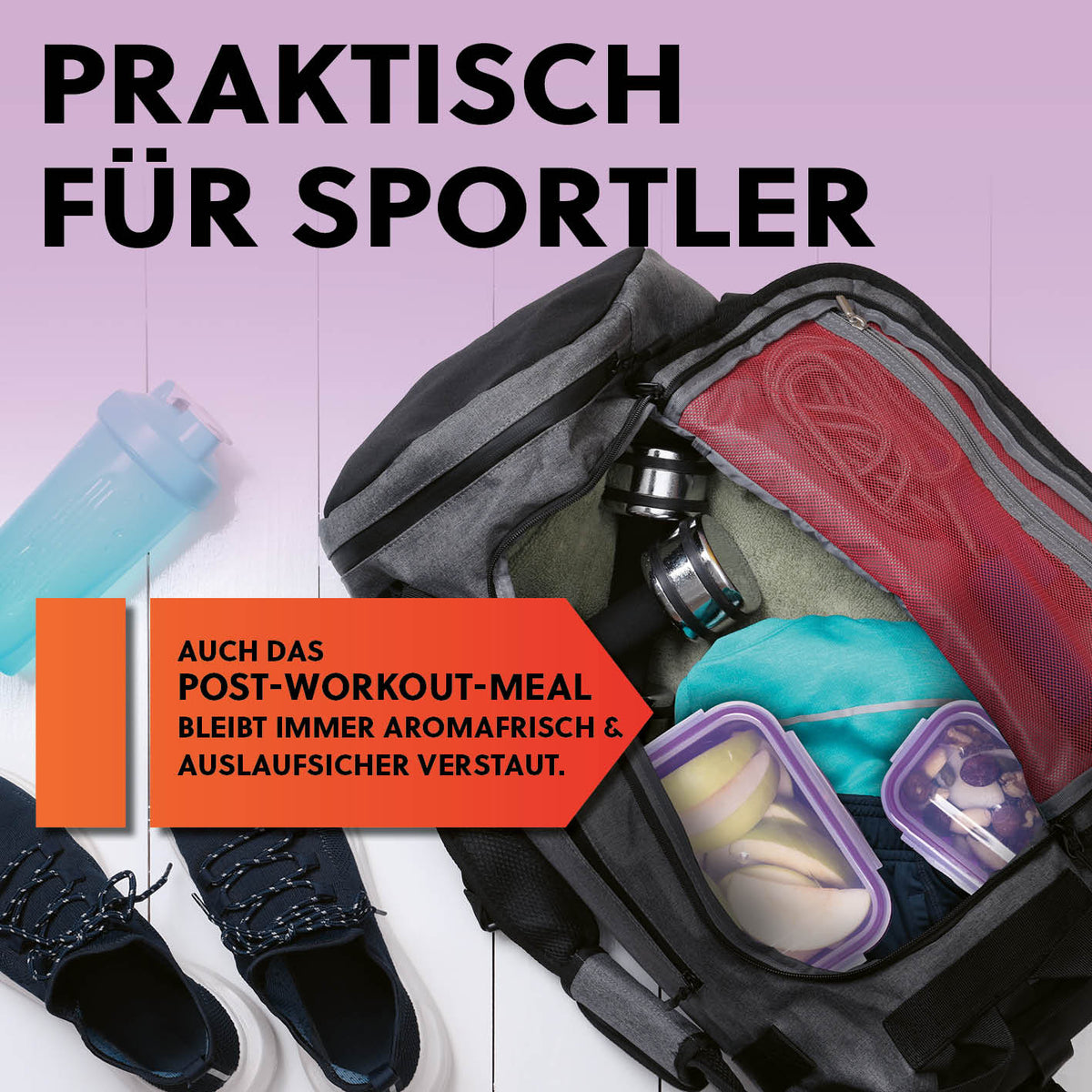 Frischhaltedosen Klick-it, 28-tlg., Lila im Sporttasche-Set, luftdicht und auslaufsicher für frische Snacks unterwegs.