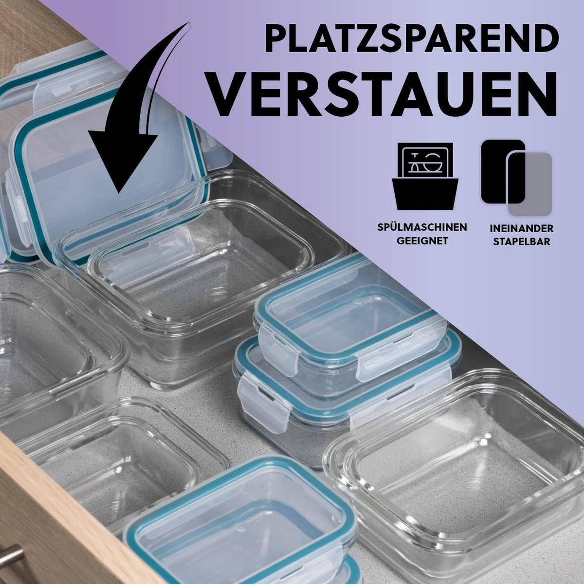 Frischhaltedosen Klick-it, 8-tlg., Mint, stapelbare, spülmaschinengeeignete Glasdosen für platzsparende Aufbewahrung im Haushalt.