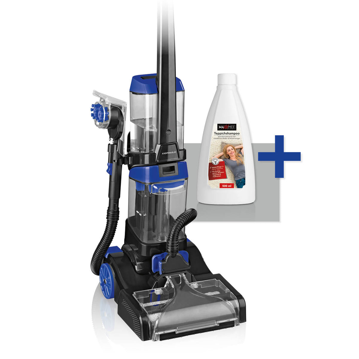 Teppichreiniger Pro+ mit Heißluft, Power-Vibration und Dual-Tank für gründliche Teppich- und Polsterreinigung im Haushalt.