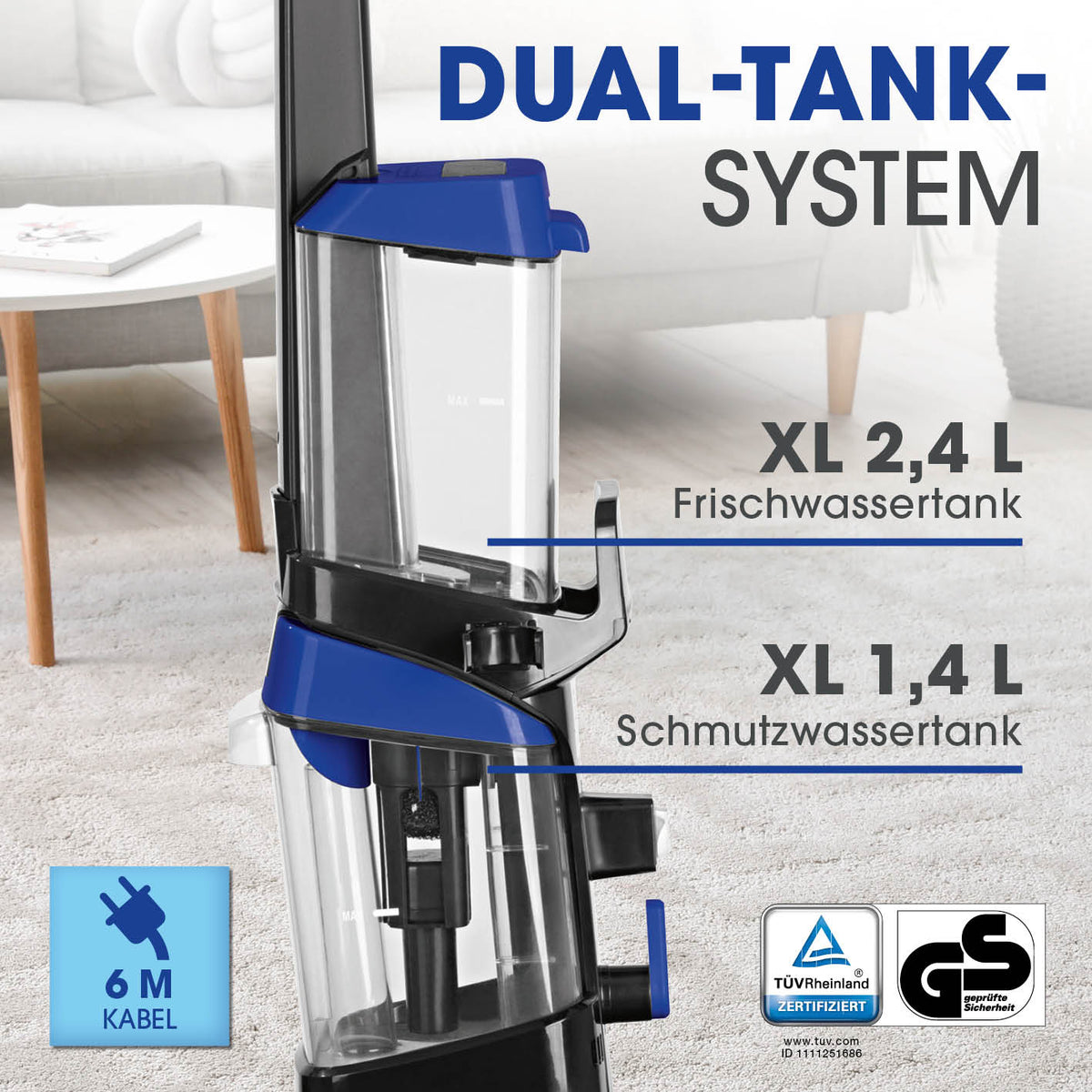 Teppichreiniger Pro+ mit Dual-Tank-System, 2,4 L Frischwasser- und 1,4 L Schmutzwassertank, 6 m Kabel für gründliche Reinigung.