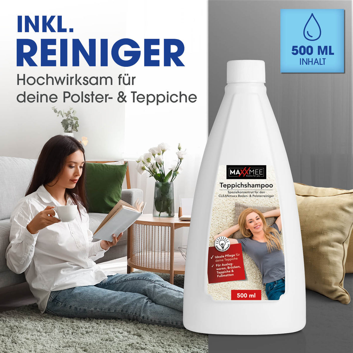 Teppichreiniger Pro+ mit 500 ml Teppichshampoo für gründliche Reinigung von Polstern und Teppichen im Haushalt.