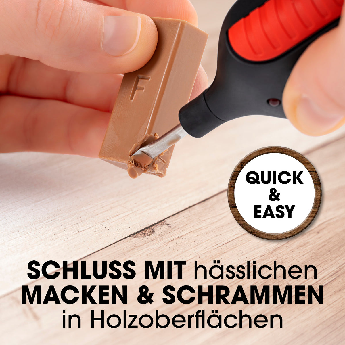 Reparaturset für Laminat & Parkett zeigt Wachs Schmelzer und Wachsstange zur einfachen Ausbesserung von Macken und Schrammen in Holzoberflächen.