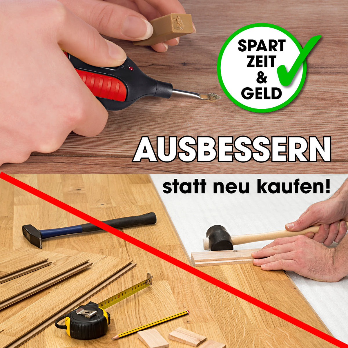 Reparaturset für Laminat & Parkett mit Wachsschmelzer und 11 Wachsstangen zum einfachen Ausbessern von Holzböden und Möbeln.
