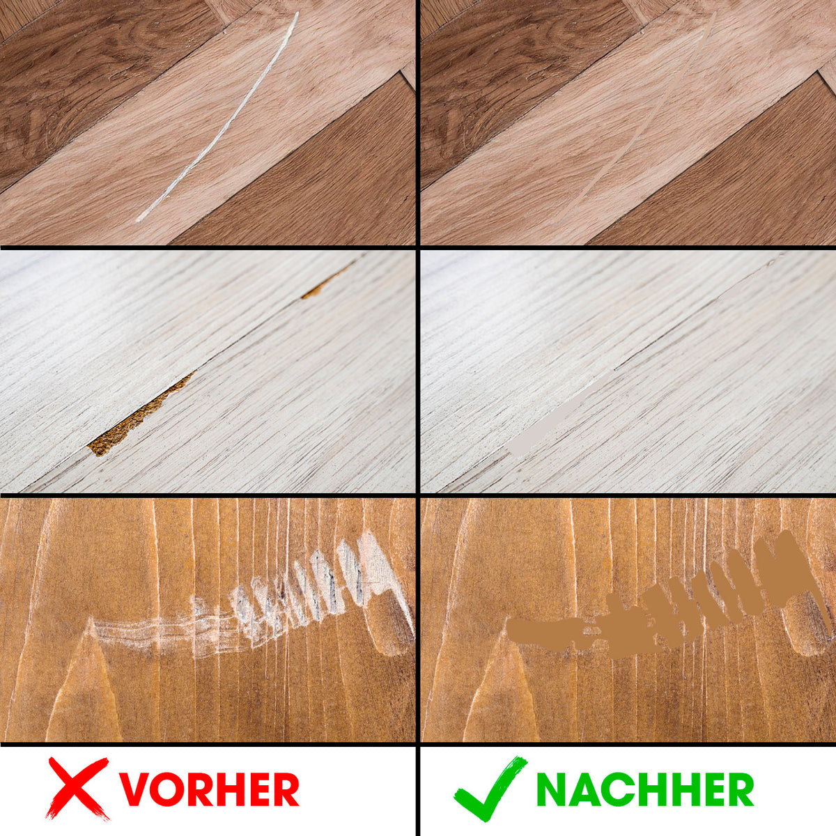 Reparaturset für Laminat & Parkett zeigt Kratzer- und Schadensbehebung auf Holzoberflächen in Vorher-Nachher-Vergleich.