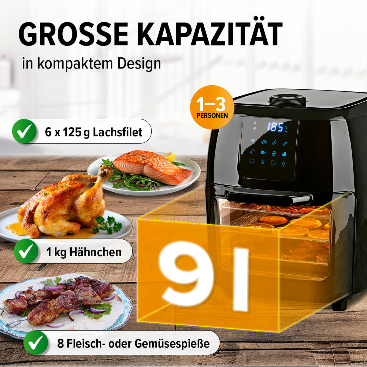 Digitale Heißluftfritteuse - 9 l Ofen mit 9 l Fassungsvermögen, ideal für 1-3 Personen, multifunktional und energiesparend.