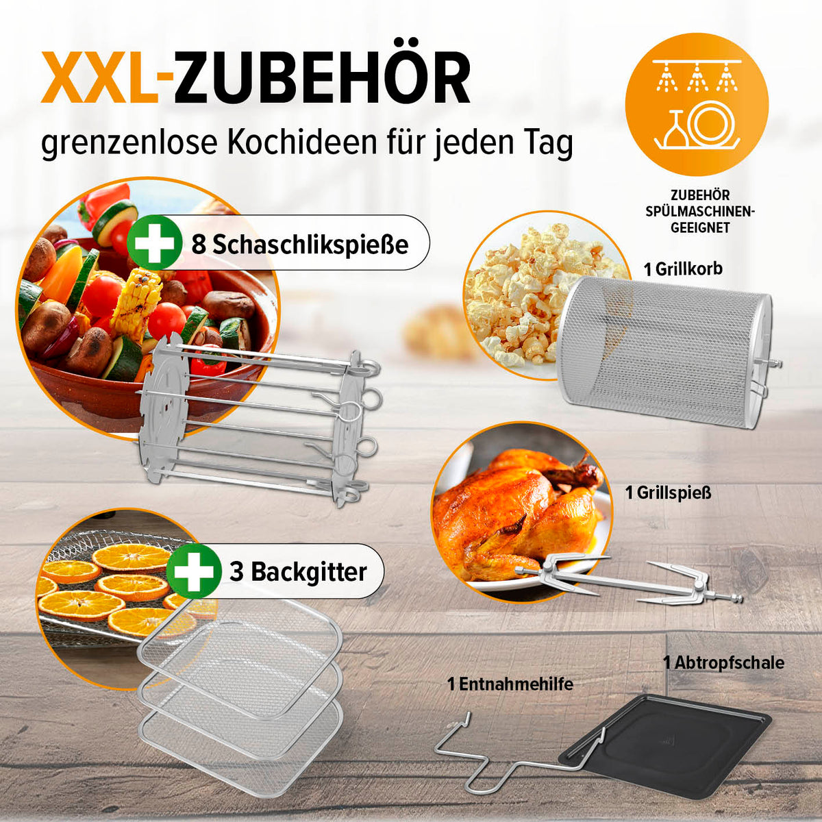 Digitale Heißluftfritteuse - 9 l Ofen mit XXL-Zubehör: Schaschlikspieße, Grillkorb, Grillspieß, Backgitter, Abtropfschale, spülmaschinengeeignet.