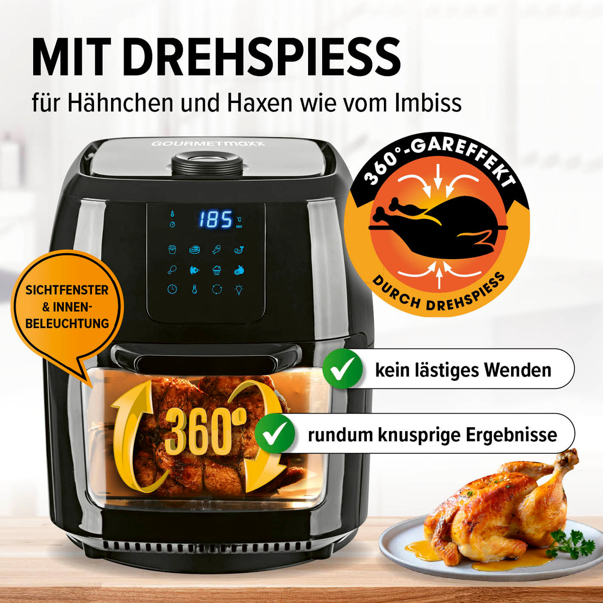 Digitale Heißluftfritteuse - 9 l Ofen mit Drehspieß, 360° Rapid Air, Sichtfenster und knusprigen Ergebnissen ohne Wenden.