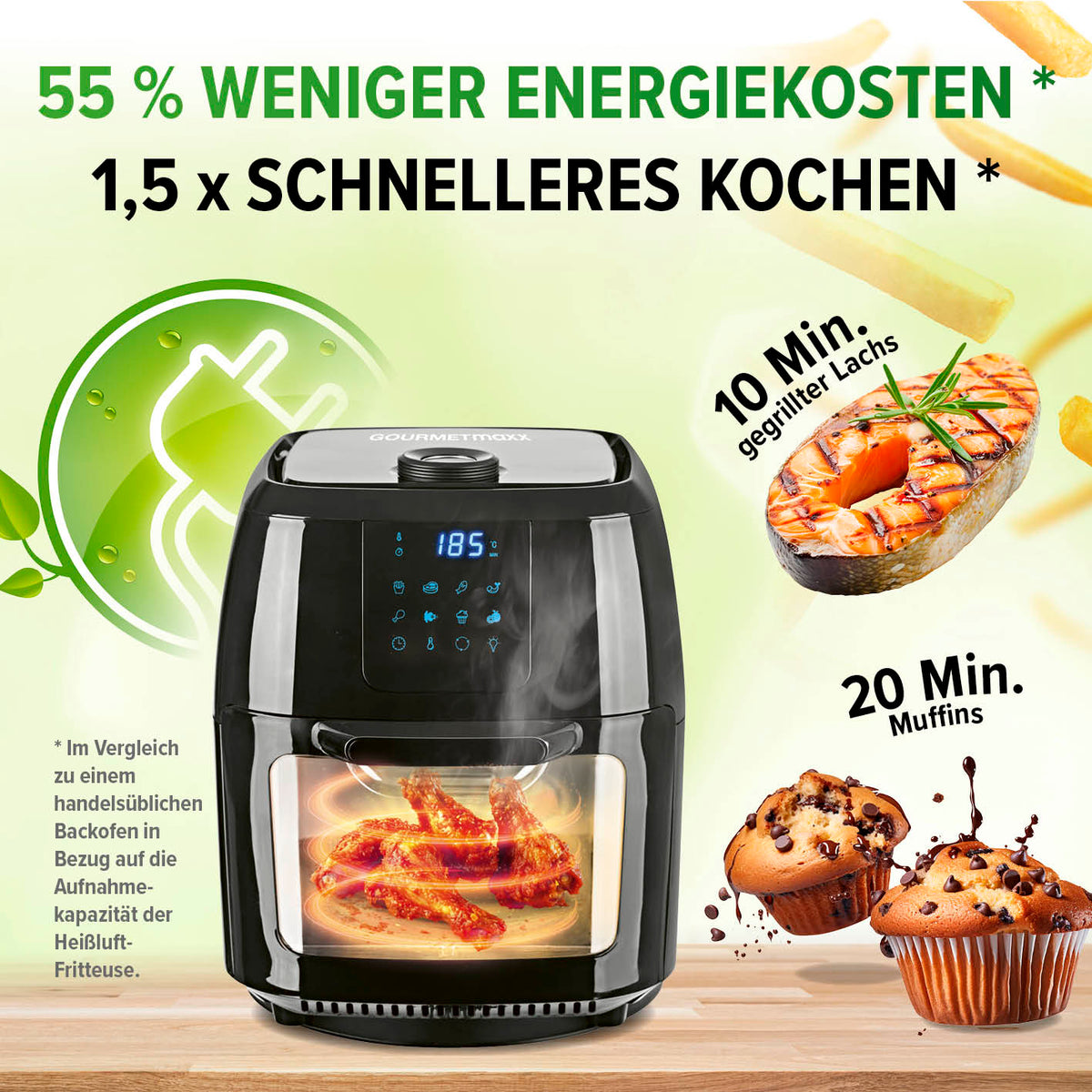 Digitale Heißluftfritteuse - 9 l Ofen mit 1800 W, Rapid Air, multifunktional, schnelleres Kochen und energiesparend bis 200° Celsius.