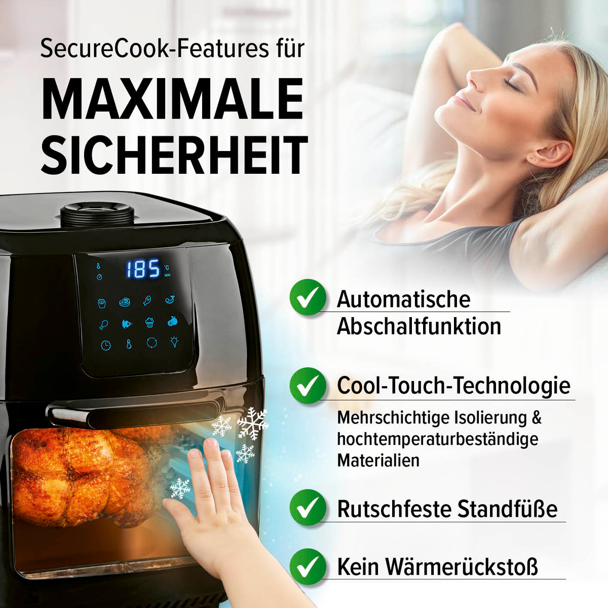 Digitale Heißluftfritteuse - 9 l Ofen mit automatischer Abschaltfunktion, Cool-Touch-Technologie und rutschfesten Standfüßen für maximale Sicherheit.