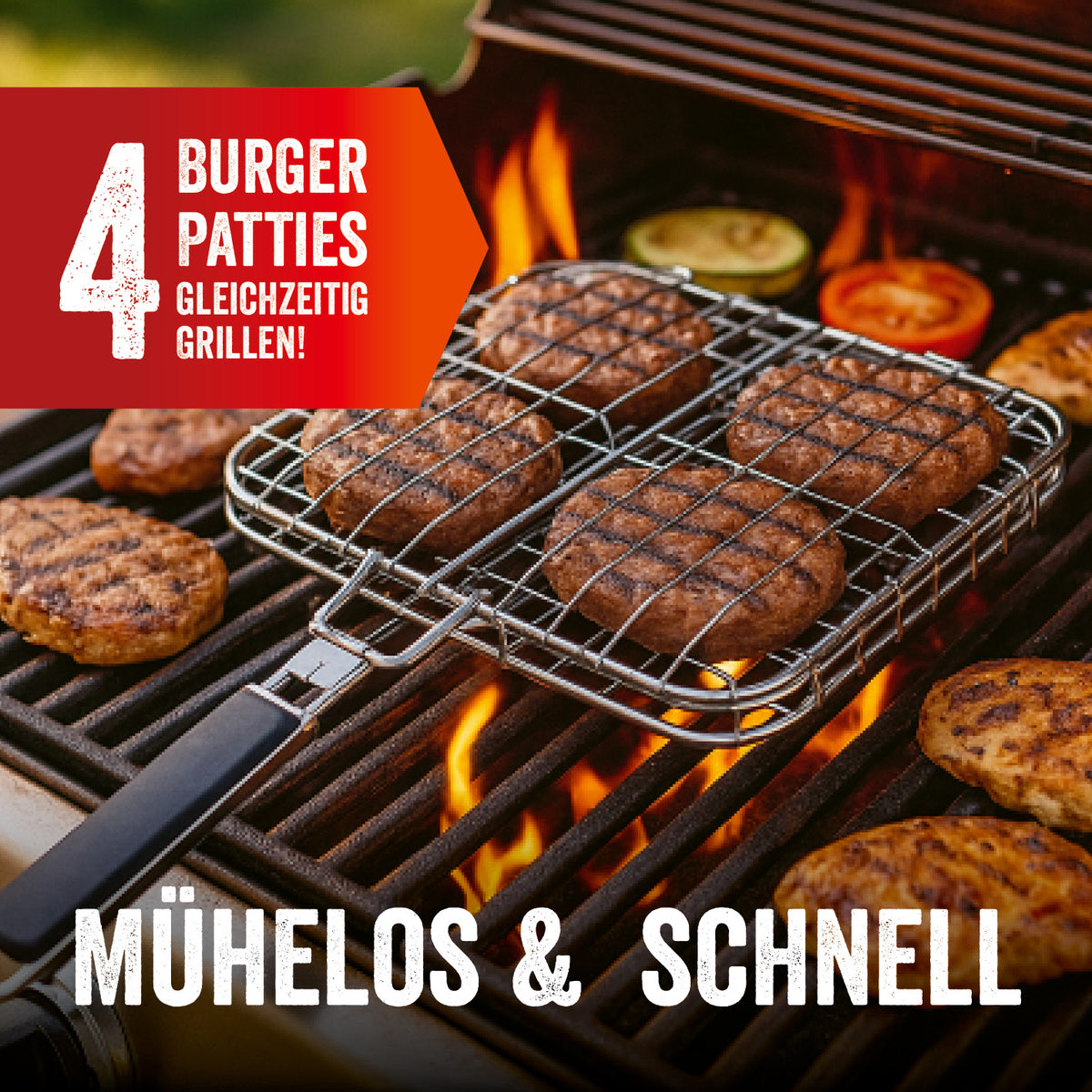 Pure Grillbräter mit gummiertem Griff für 4 Burger Patties, extra breit, inklusive Metallringe, ideal für American Burger.