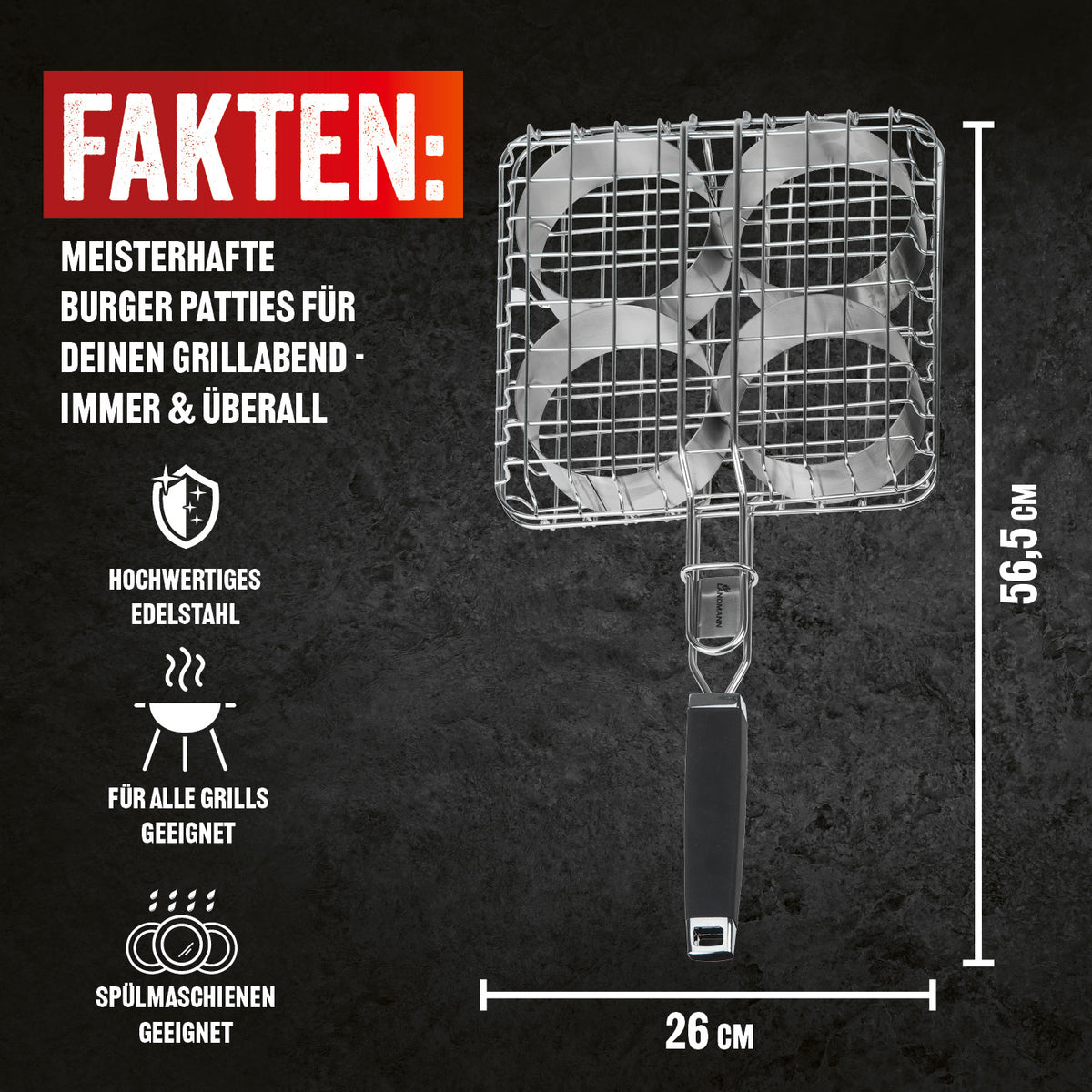 Pure Grillbräter mit extra breitem Grillrost und 4 Metallringen, gummierter Griff, geeignet für American Burger Patties.