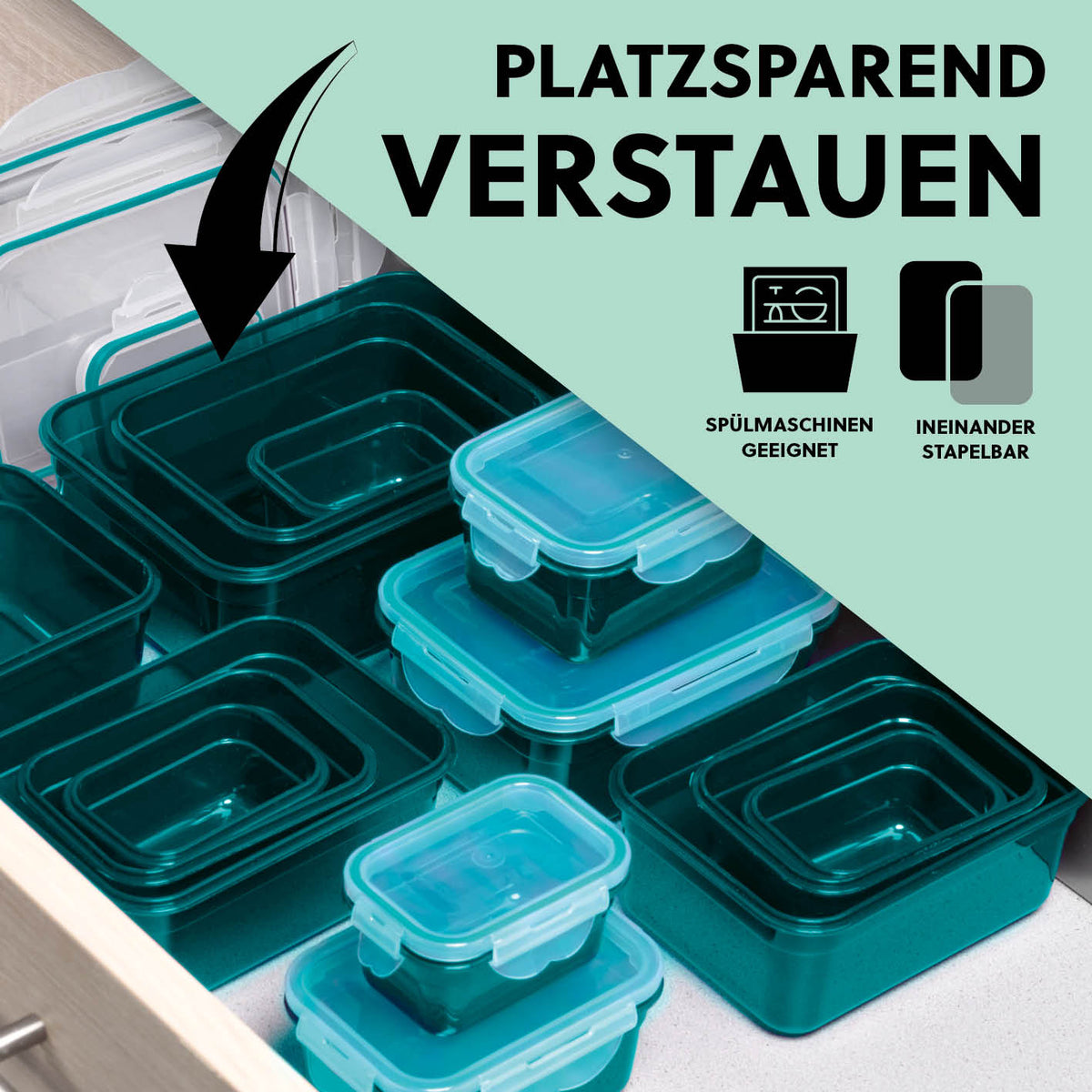 Frischhaltedosen Klick-it, 28-tlg., Smaragd – stapelbare, platzsparende und spülmaschinengeeignete Aufbewahrungsdosen in verschiedenen Größen.
