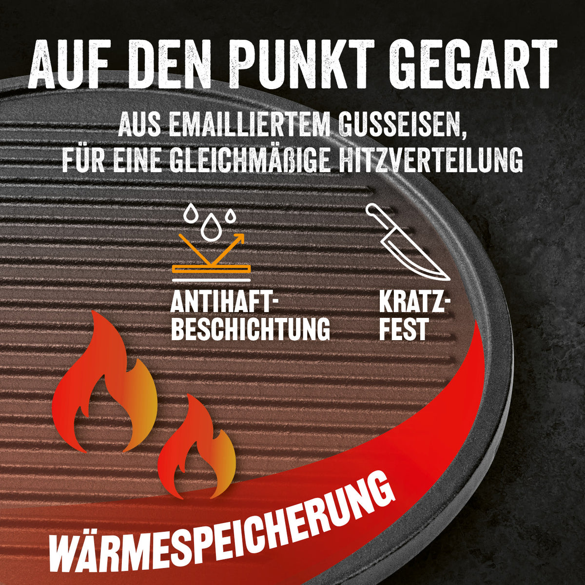 Modulus Grillplatte aus emailliertem Gusseisen mit Antihaftbeschichtung, kratzfest und optimaler Wärmespeicherung für gleichmäßiges Grillen.