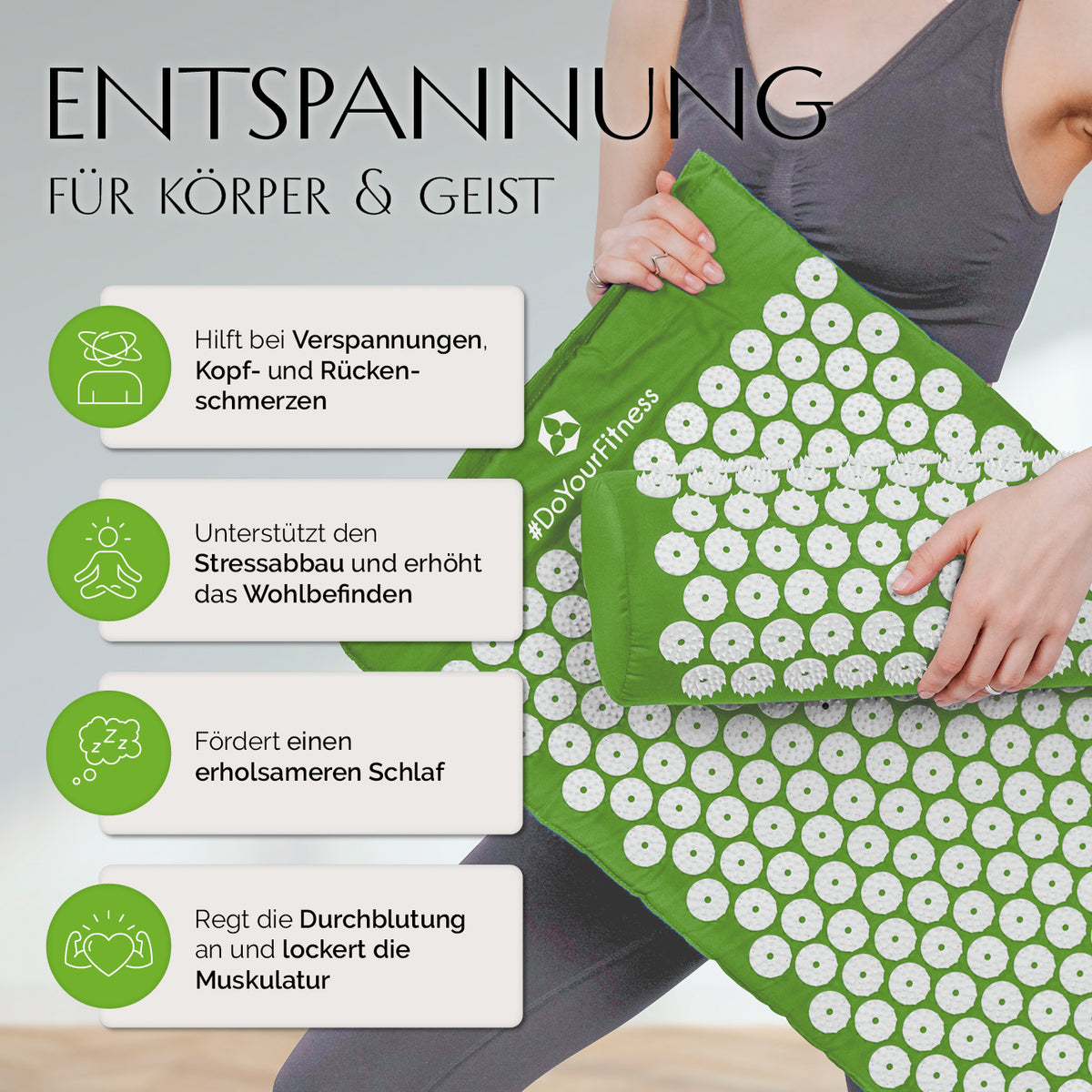 Akupressur-Set Jimuta - 20 x 20 x 42 cm - grün mit Nadelmatte und Nackenkissen für Entspannung und verbesserte Durchblutung.