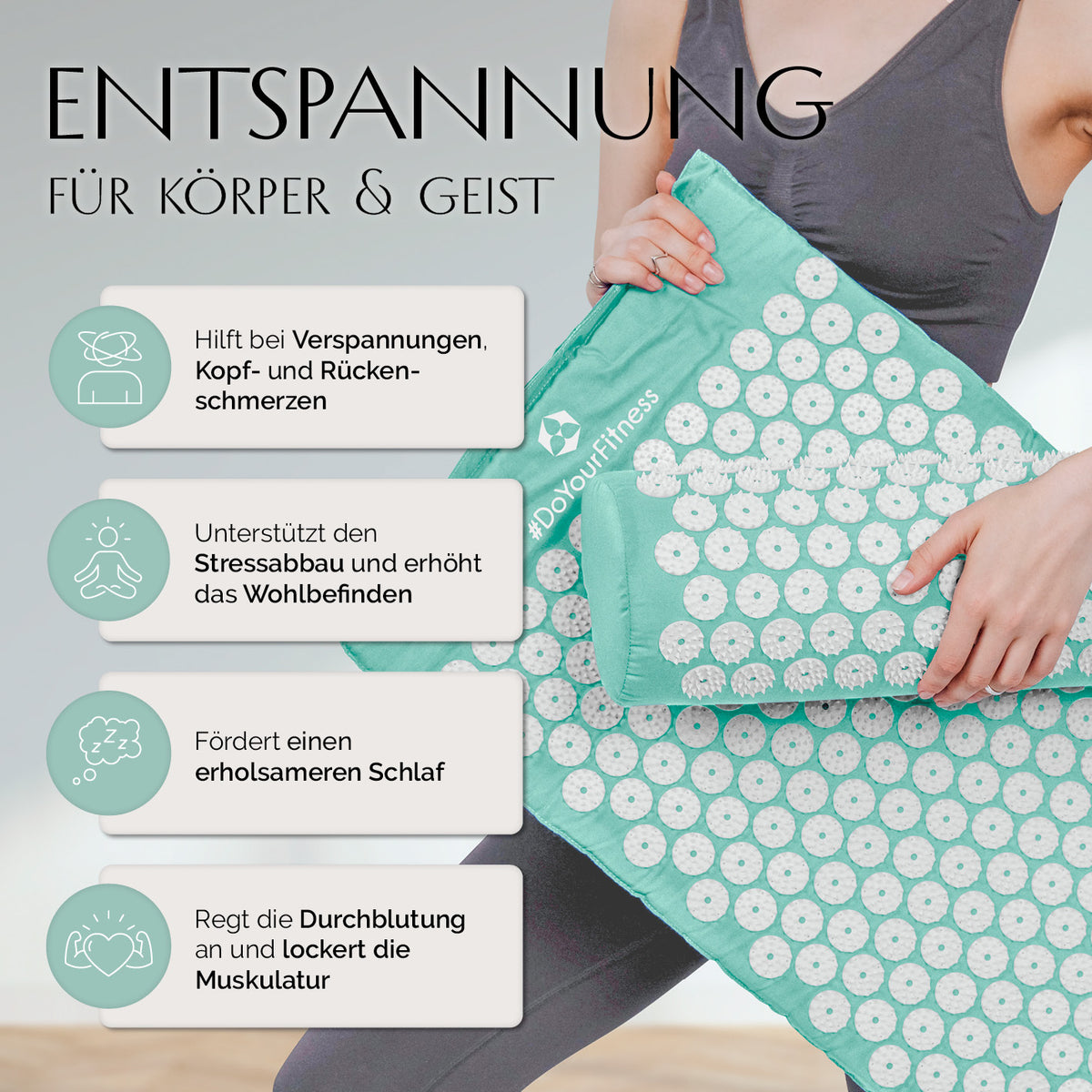 Akupressur-Set Jimuta - 20 x 20 x 42 cm - türkis mit Matte und Nackenkissen zur Entspannung von Körper und Geist.