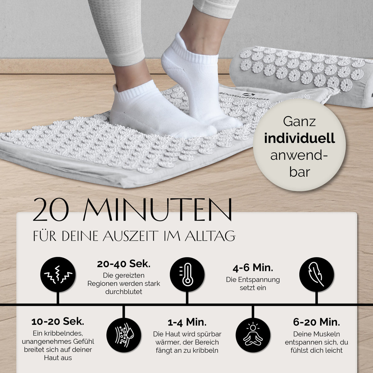 Akupressur-Set Jimuta 20 x 20 x 42 cm weiß mit Nadelmatte und Nackenkissen für Entspannung und Durchblutungsförderung.