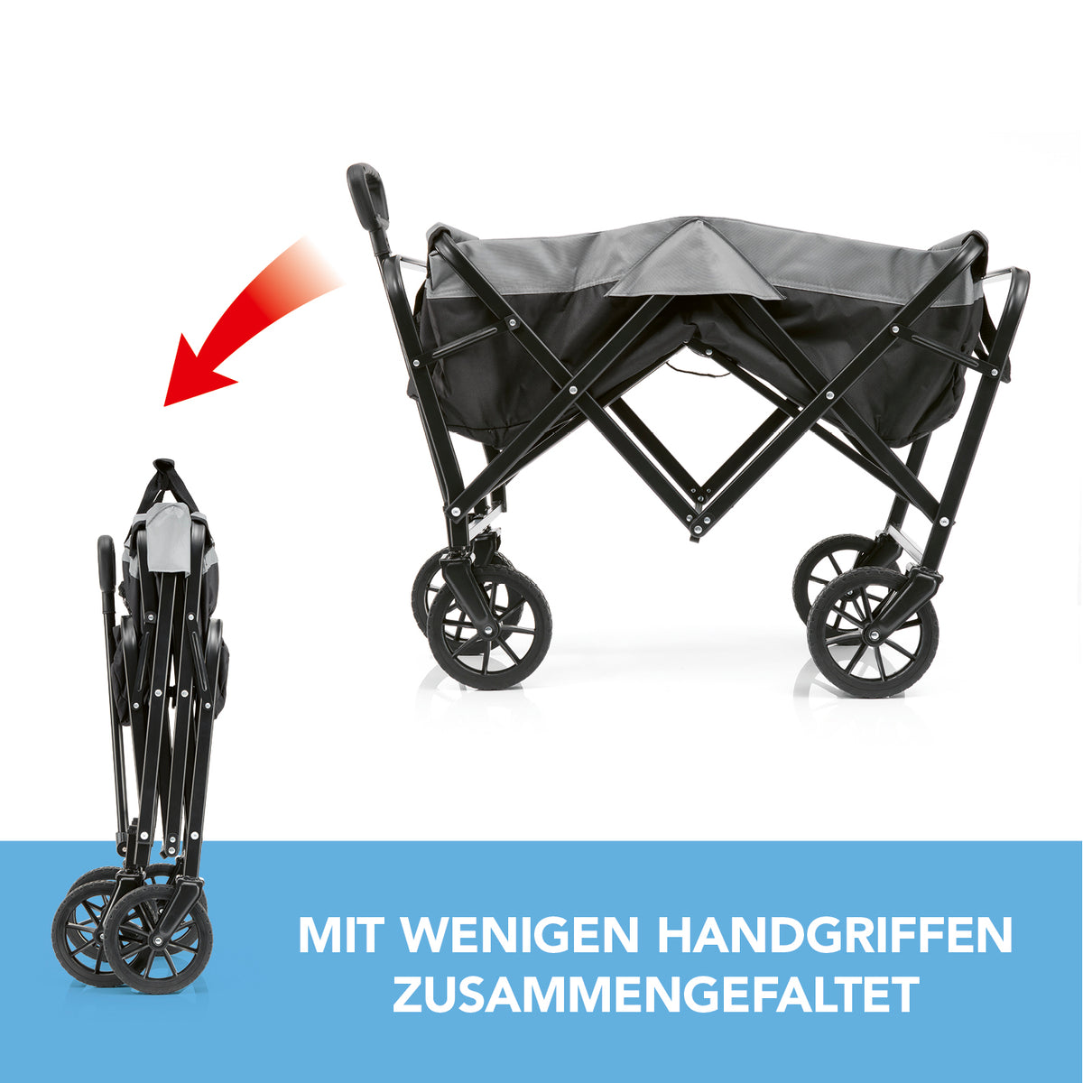 Bollerwagen - faltbar - schwarz/grau in aufgebautem und zusammengeklapptem Zustand mit 360° drehbaren Vorderrädern und Teleskopgriff.