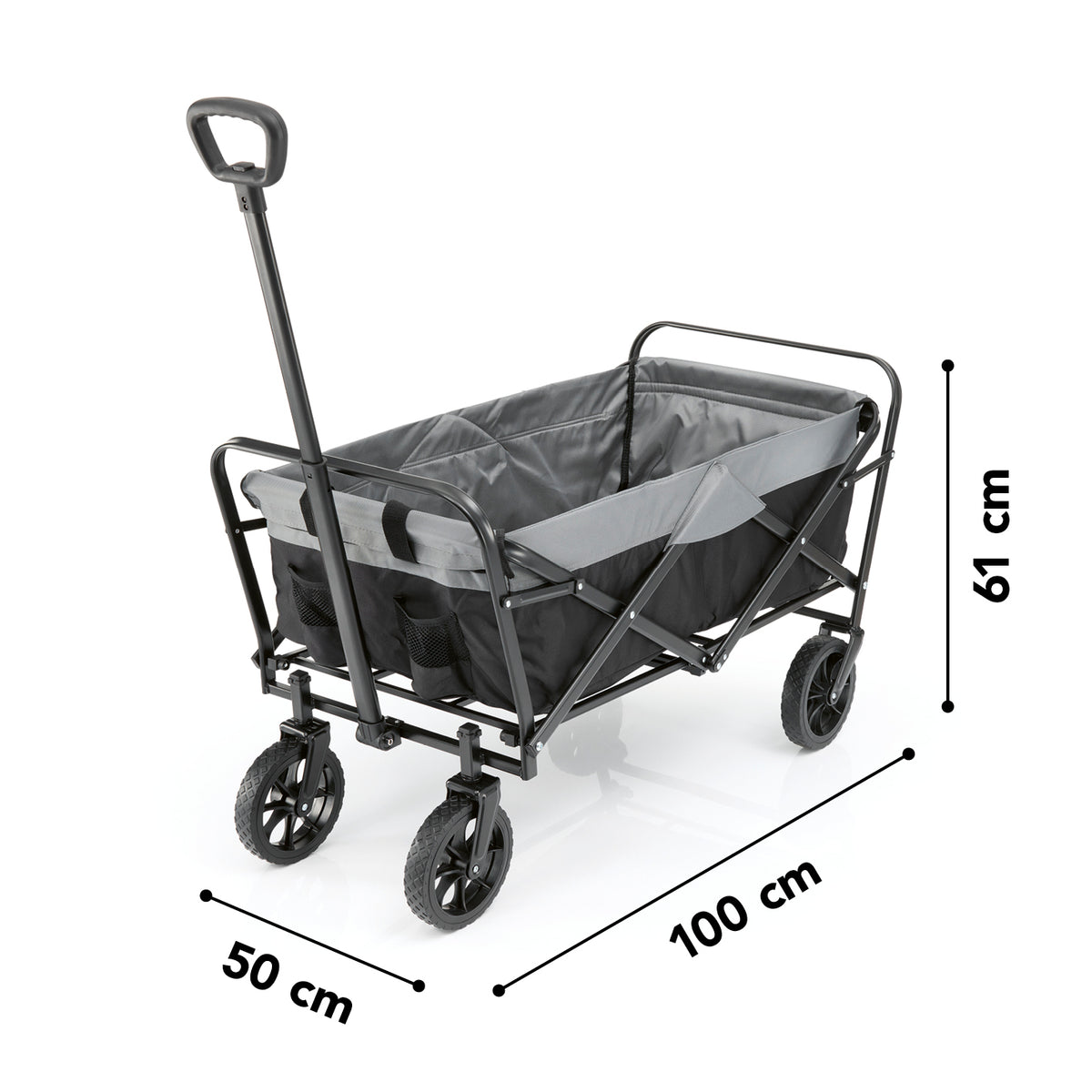Bollerwagen - faltbar - schwarz/grau mit robustem Bezug, 360° drehbaren Vorderrädern und ausziehbarem Teleskopgriff, Maße 100x50x61 cm