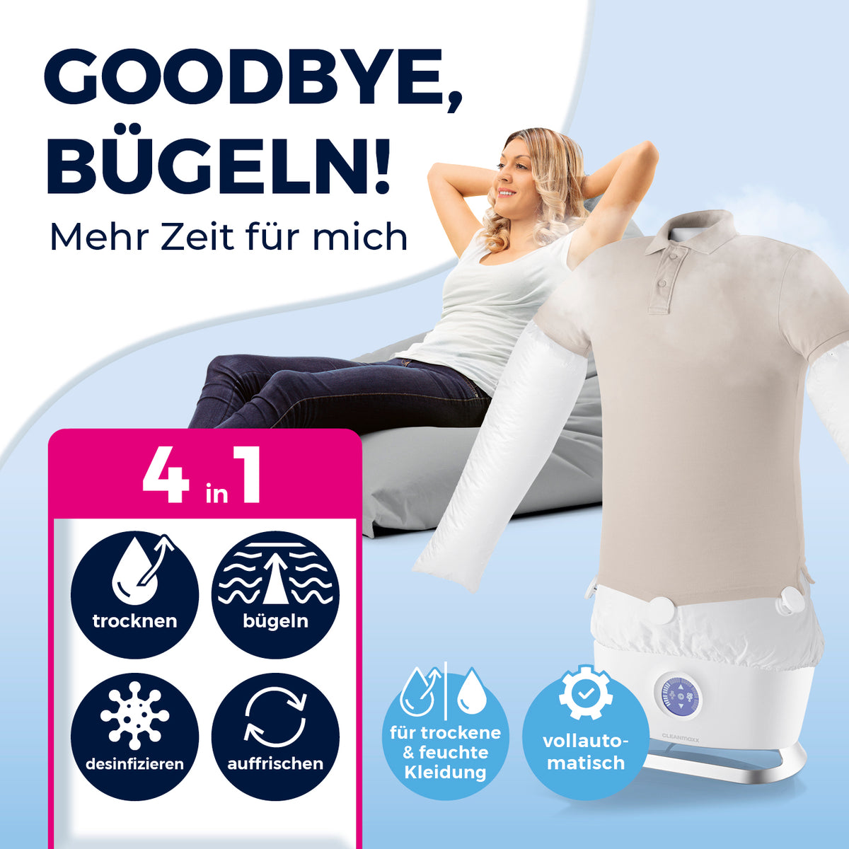 Hemdenbügler PRO STEAM - Weiß vollautomatisch für Trocknen, Bügeln, Desinfizieren und Auffrischen von Kleidung.
