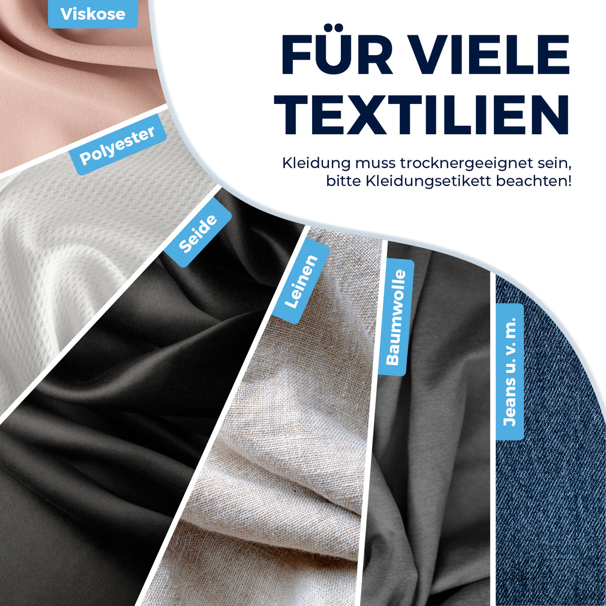 Hemdenbügler PRO STEAM - Weiß zeigt verschiedene Textilien wie Viskose, Polyester, Seide, Leinen, Baumwolle und Jeans.