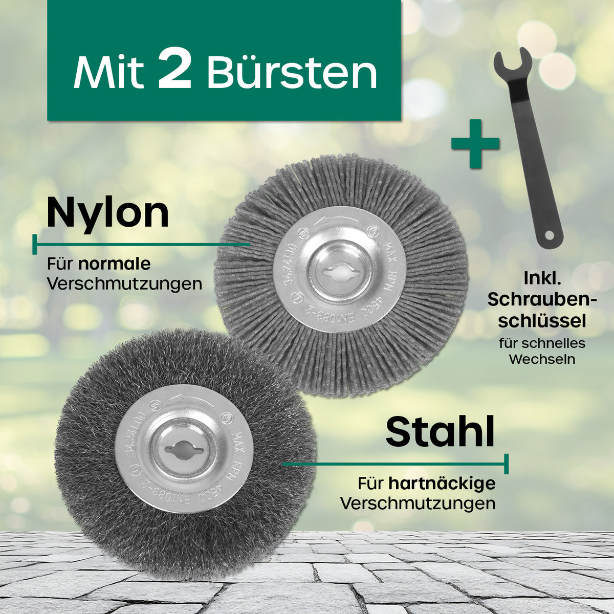 Fugenreiniger elektrisch 140 Watt - grün mit 2 Bürsten Nylon für normale und Stahl für hartnäckige Verschmutzung, inkl. Schraubenschlüssel.