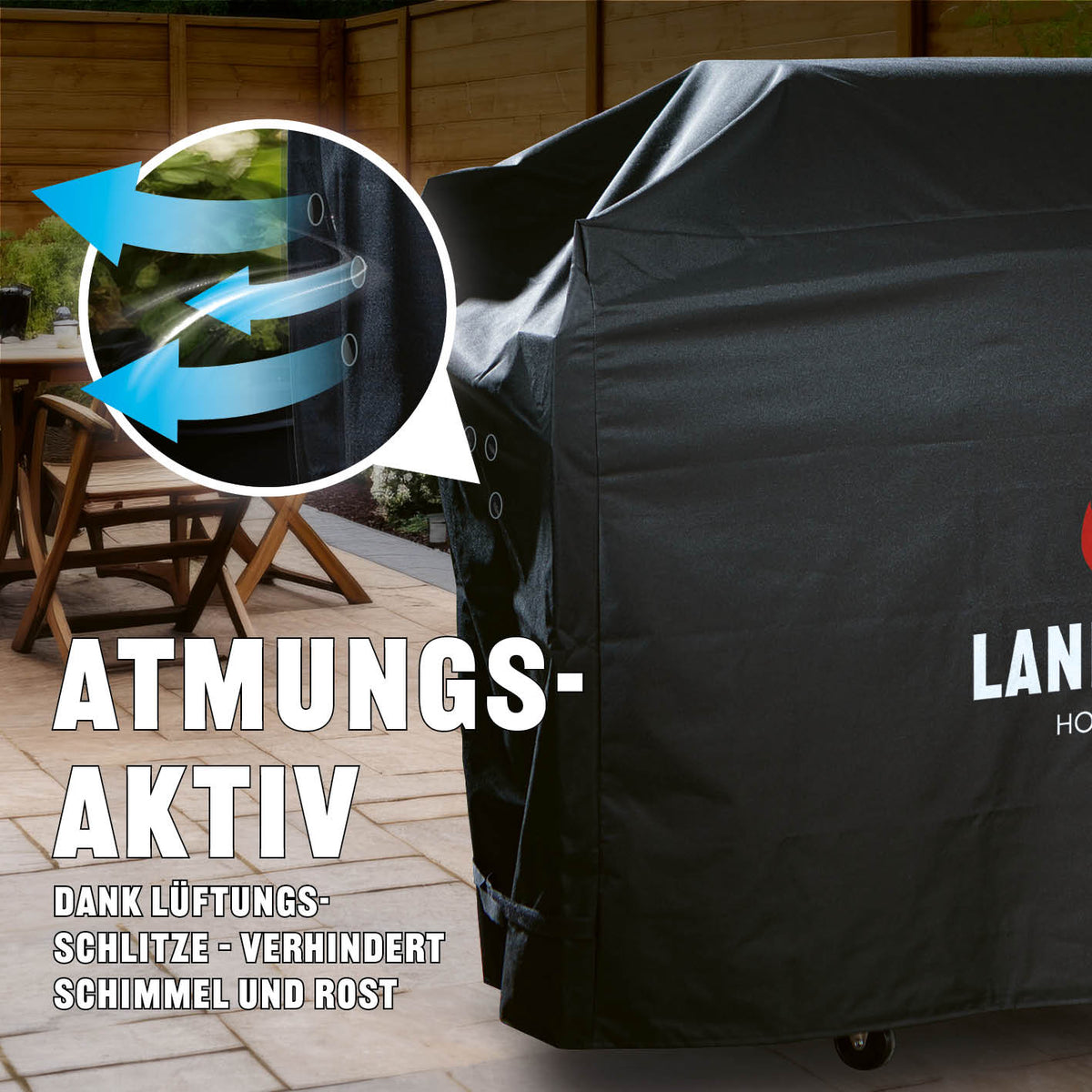 Wetterschutzhaube Premium - 62x148x120cm - schwarz aus reißfestem 600D Polyester mit atmungsaktiven Ventilöffnungen gegen Schimmel und Rost.