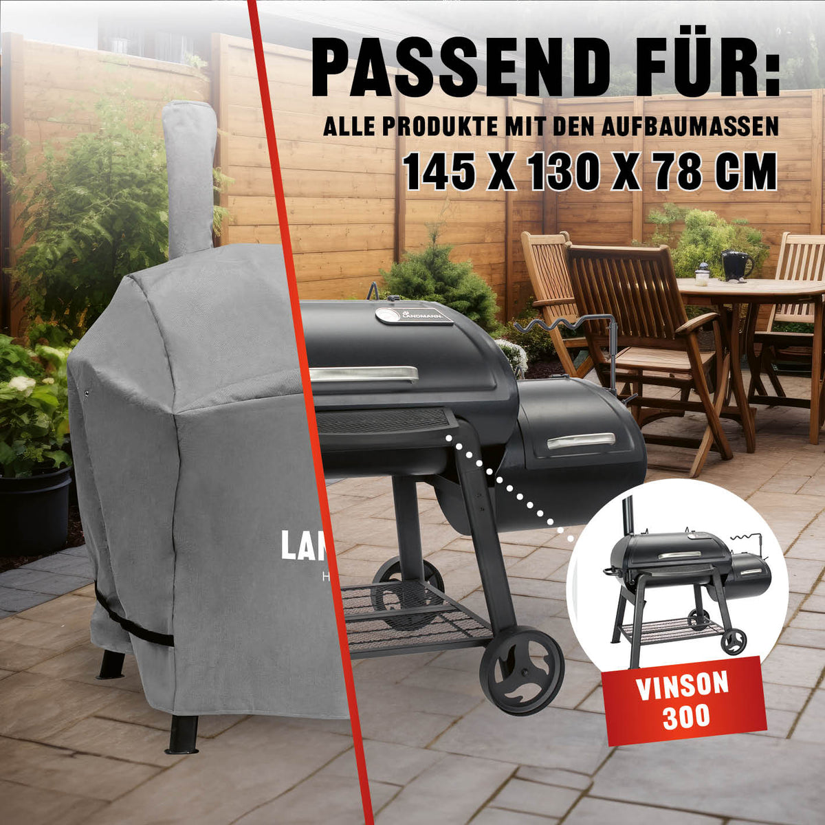 Premium Wetterschutzhaube - 130 x 126 x 85 cm, UV-beständig, wasserdicht, atmungsaktiv, reißfest, passend für Vinson 300 Grill.