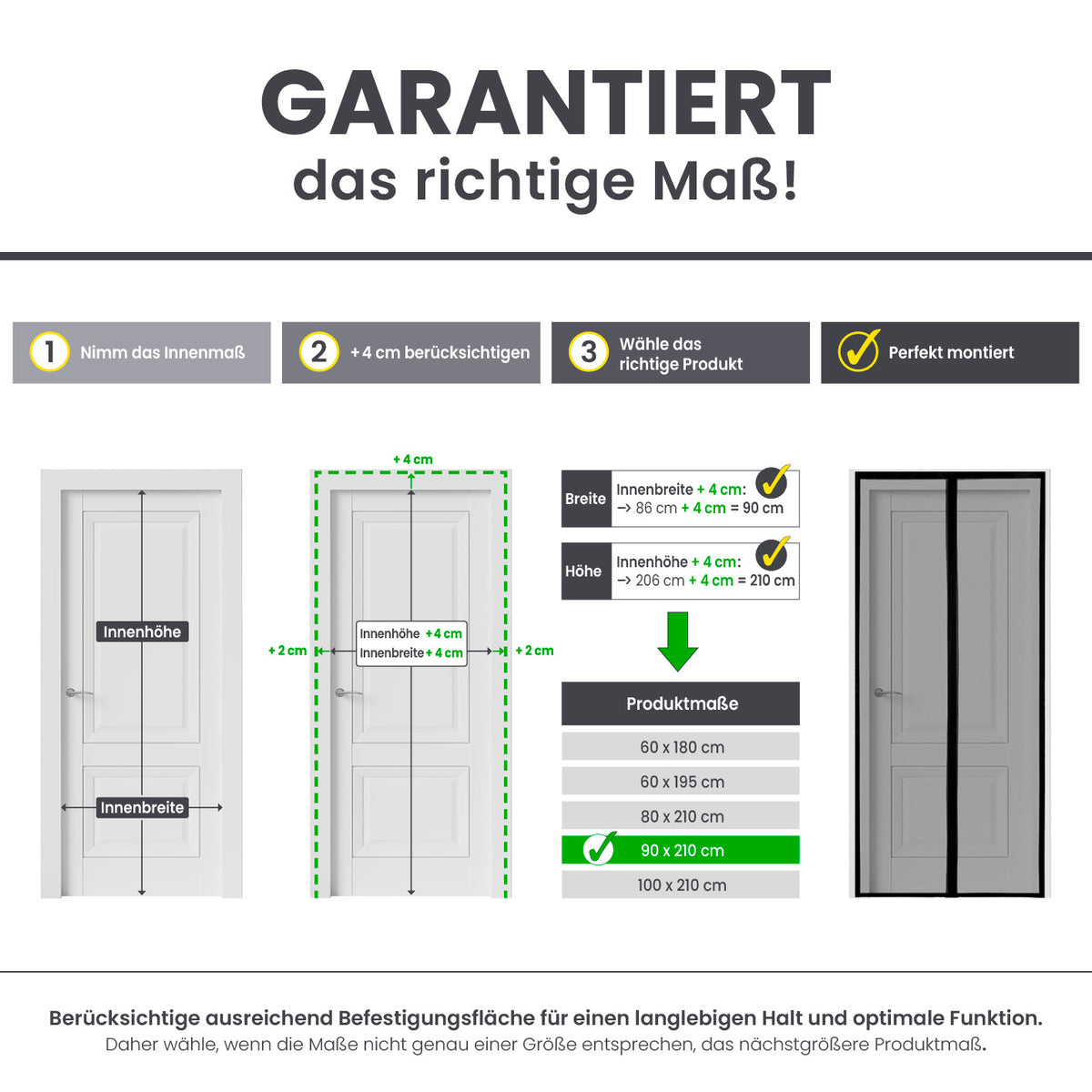 Moskitonetz Magic Klick mit Magnetverschluß - schwarz - 90 x 210 cm - 2er-Set Maßanleitung für die richtige Größe