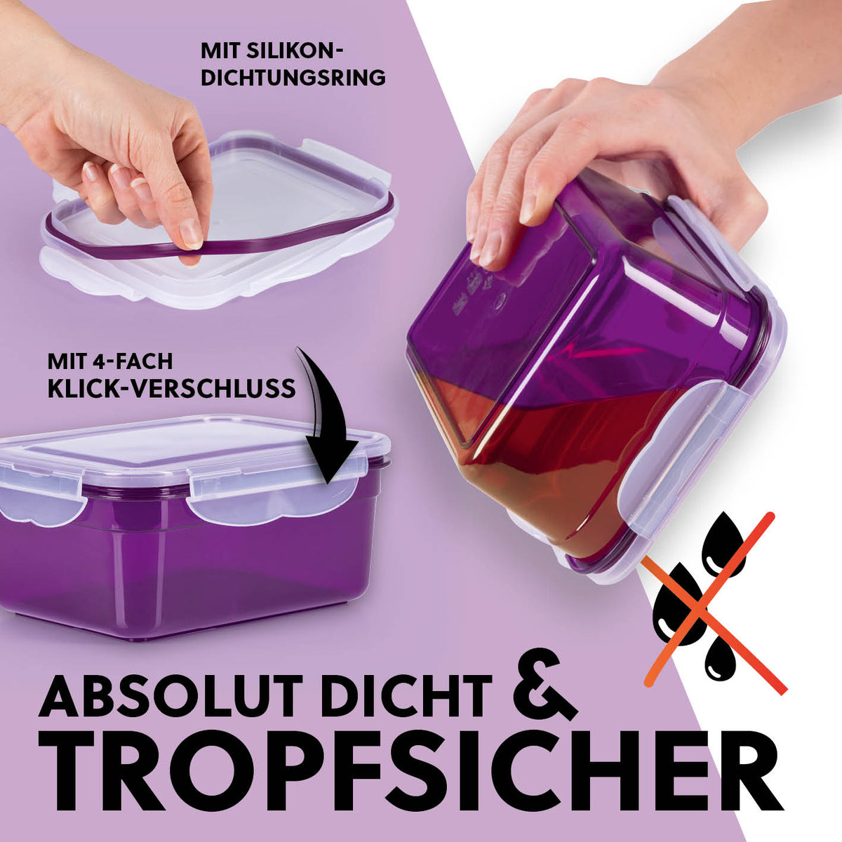 Frischhaltedosen Klick-it, 14-tlg., Lila mit silikon-dichtungsring und 4-fach klick-verschluss, luftdicht und tropfsicher.