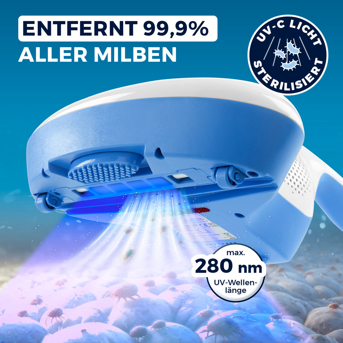 Milbensauger Vibration - blau/weiß mit UV-C-Licht und EPA-Filter entfernt 99,9 % Milben, Bakterien und Allergene effektiv.