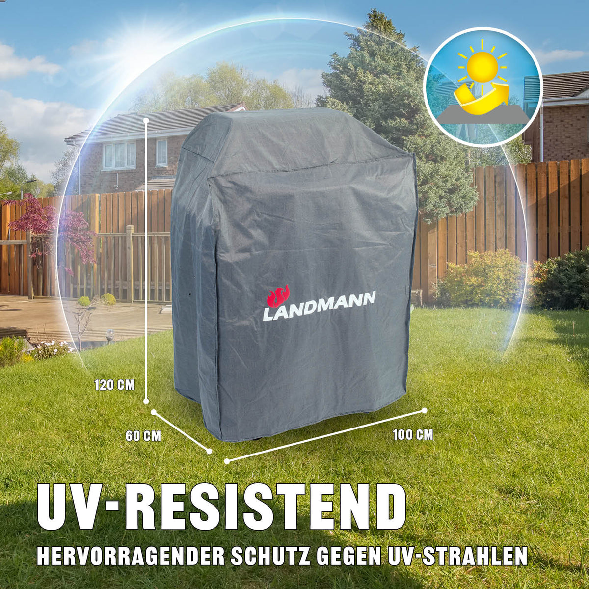 Wetterschutzhaube Premium - 55 x 117 x 90 cm grau, wasserdicht, UV-beständig, atmungsaktiv mit 6 Ventilationsöffnungen, kältebeständig bis -20°C.