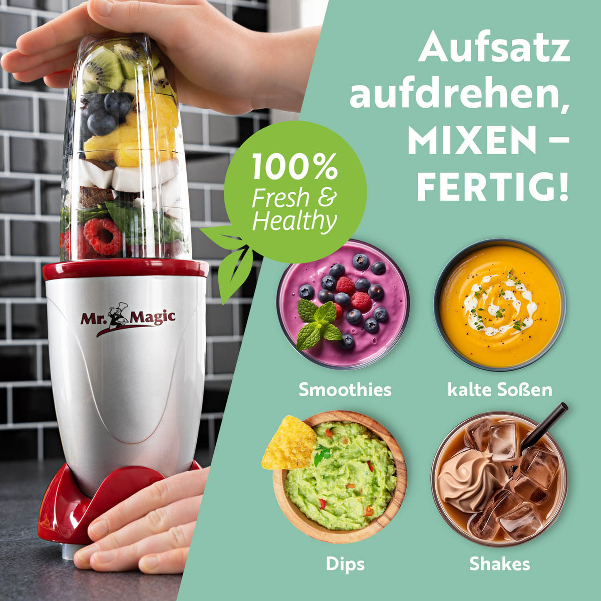 Mr. Magic Mixer - Silber/Rot mit 400W Motor bereitet Smoothies, Shakes, Dips und kalte Soßen schnell und einfach zu.