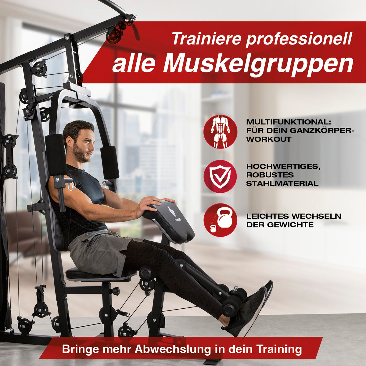 Mann nutzt Kraftstation mit gepolsterten Griffen für vielseitiges Ganzkörpertraining zuhause, Gewichte bis 67 kg einstellbar