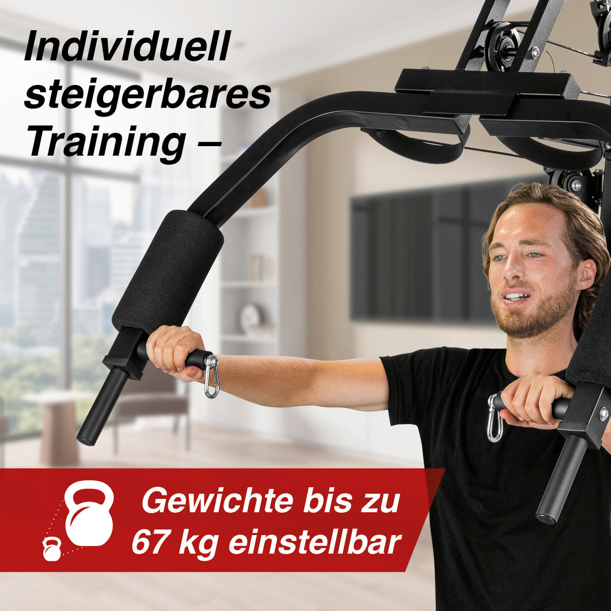 Mann trainiert an Kraftstation mit gepolsterten Griffen und individuell einstellbaren Gewichten bis 67 kg für Ganzkörper-Workout.