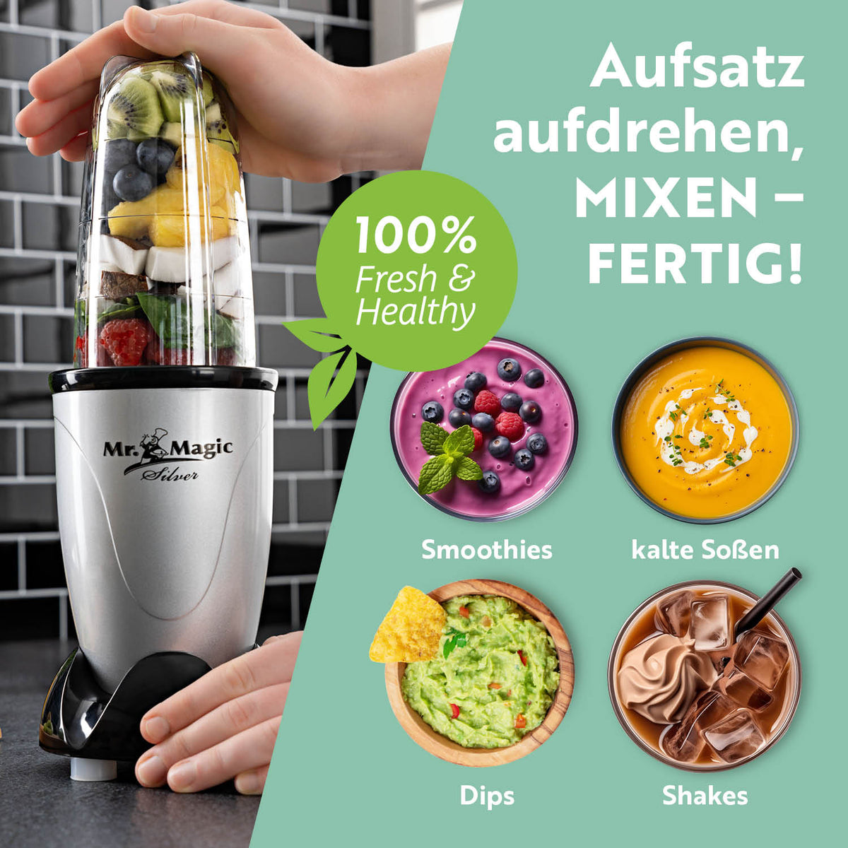 Mr. Magic Mixer Silber/Schwarz mit einfachem Aufsatz für Smoothies, Shakes, Dips und kalte Soßen – 100% frisch und gesund.