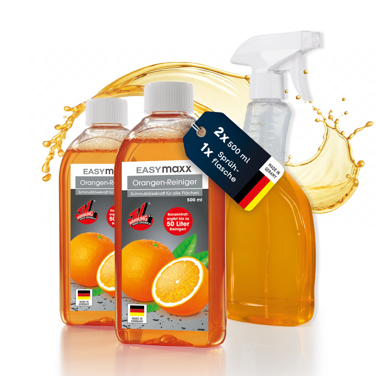 Orangenreiniger - 2 x 500 ml Konzentrat inkl. Sprühflasche mit intensivem Orangenextrakt zur kraftvollen Reinigung verschiedenster Oberflächen.