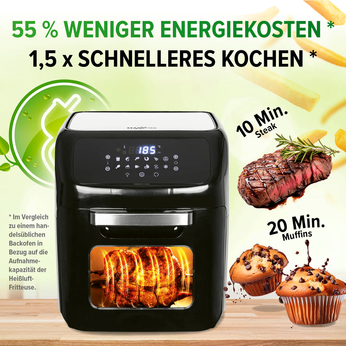 Digitale Heißluftfritteuse mit 1800W, 360° Heißluft, 12 l Volumen, schnellem Aufwärmen und vielseitigen Programmen für fettarmes Kochen.