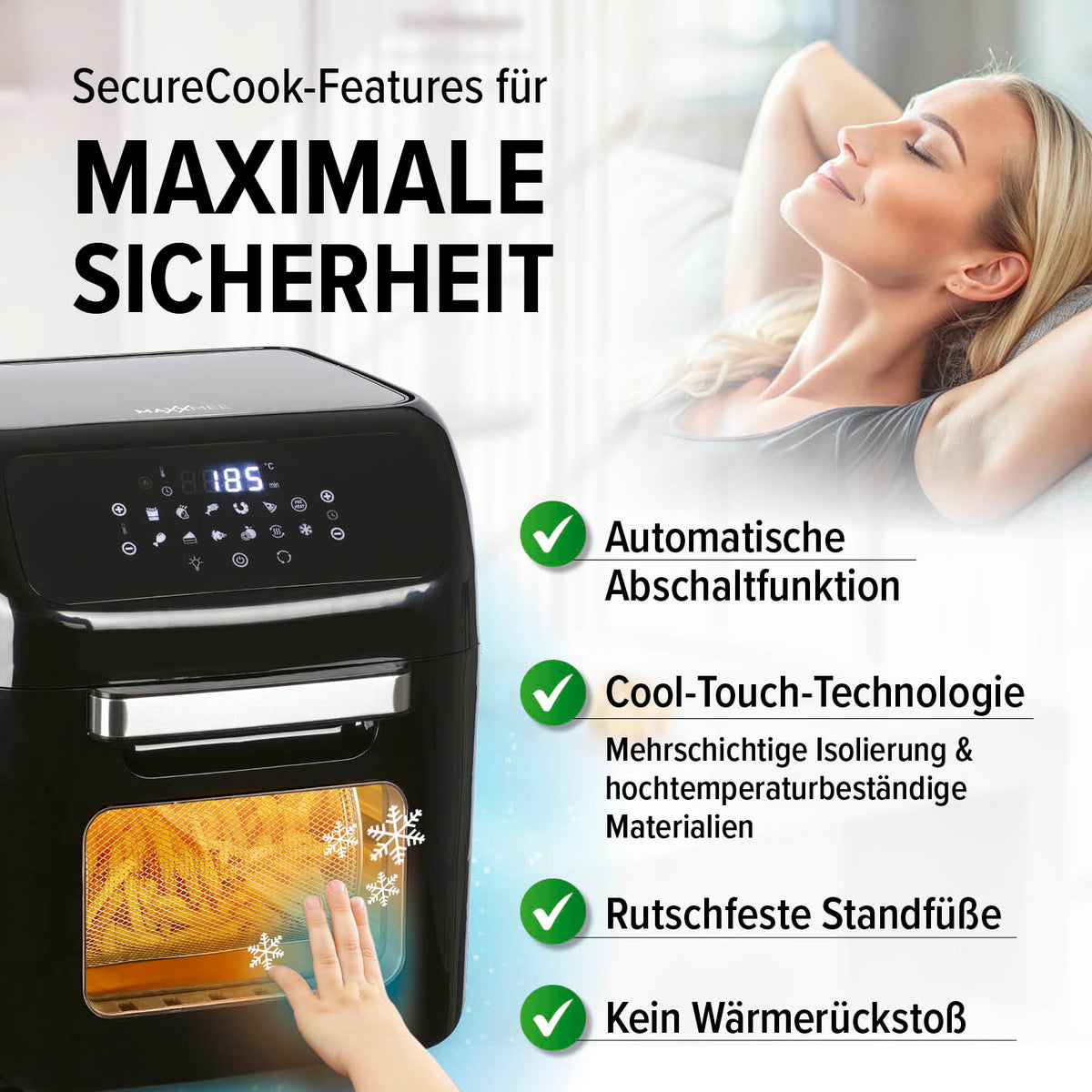 Digitale Heißluftfritteuse mit SecureCook für maximale Sicherheit, automatischer Abschaltfunktion und Cool-Touch-Technologie.