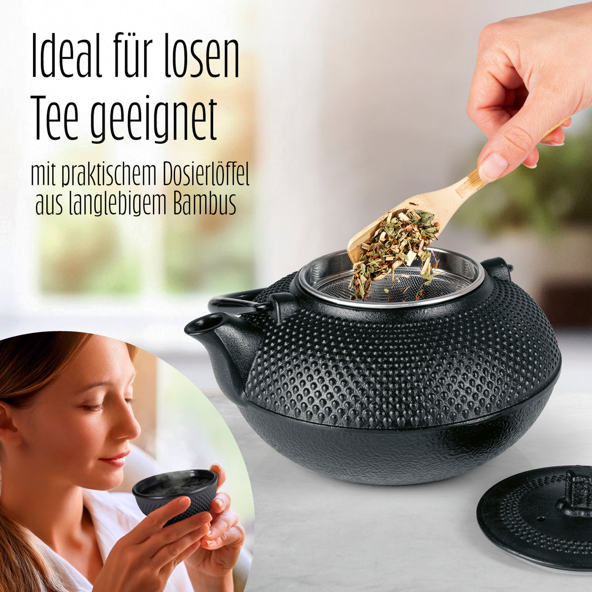 Geschirr-Set Asia Hobnail Design - 3-tlg. Gusseiserne Teekanne mit Bambuslöffel und Edelstahlsieb für losen Tee, japanisches Tetsubin-Design.