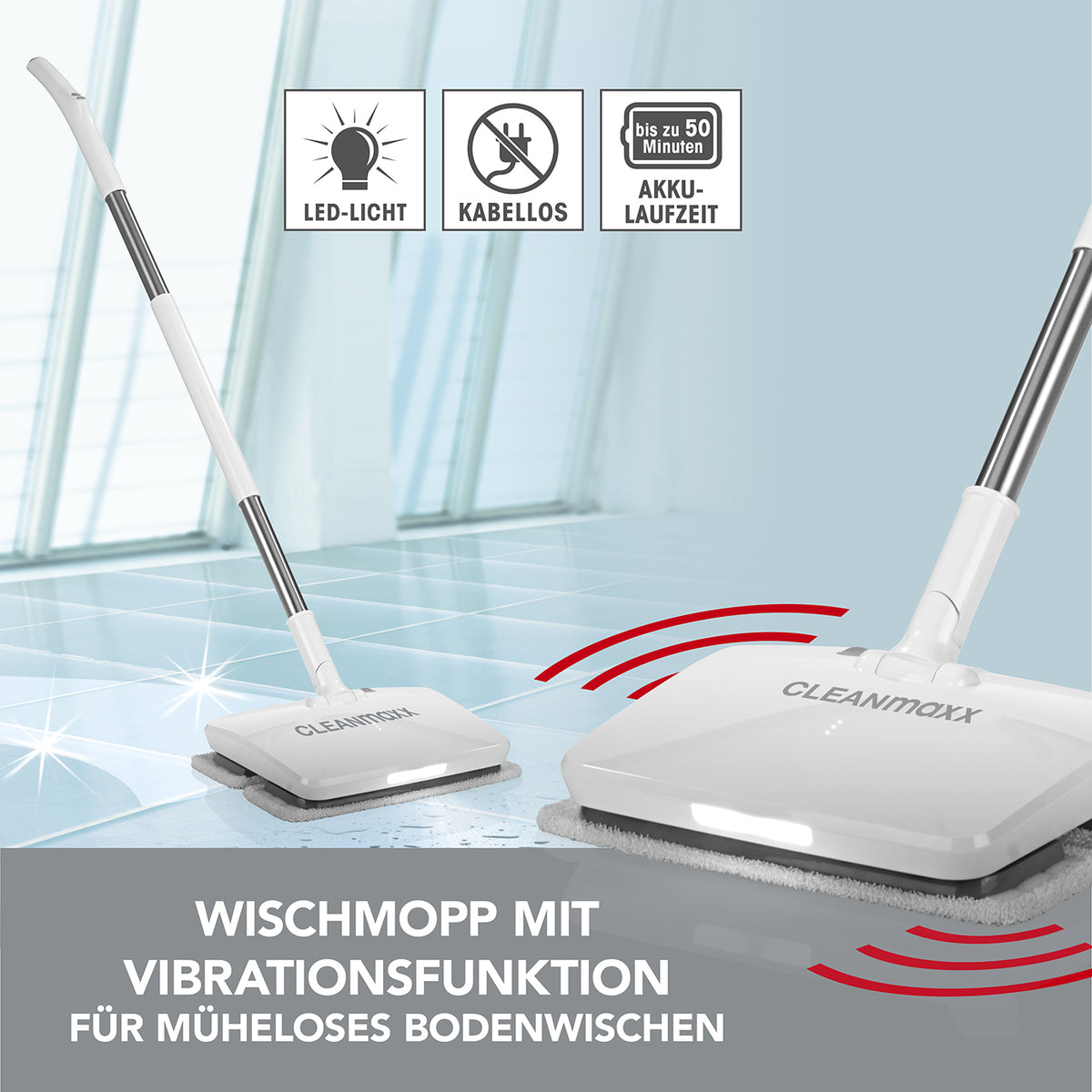 Akku-Vibrationsmopp - Weiß mit LED-Licht, kabellos, für empfindliche Böden, 50 Min. Akku-Laufzeit, vibrationsfunktion für gründliches Putzen.