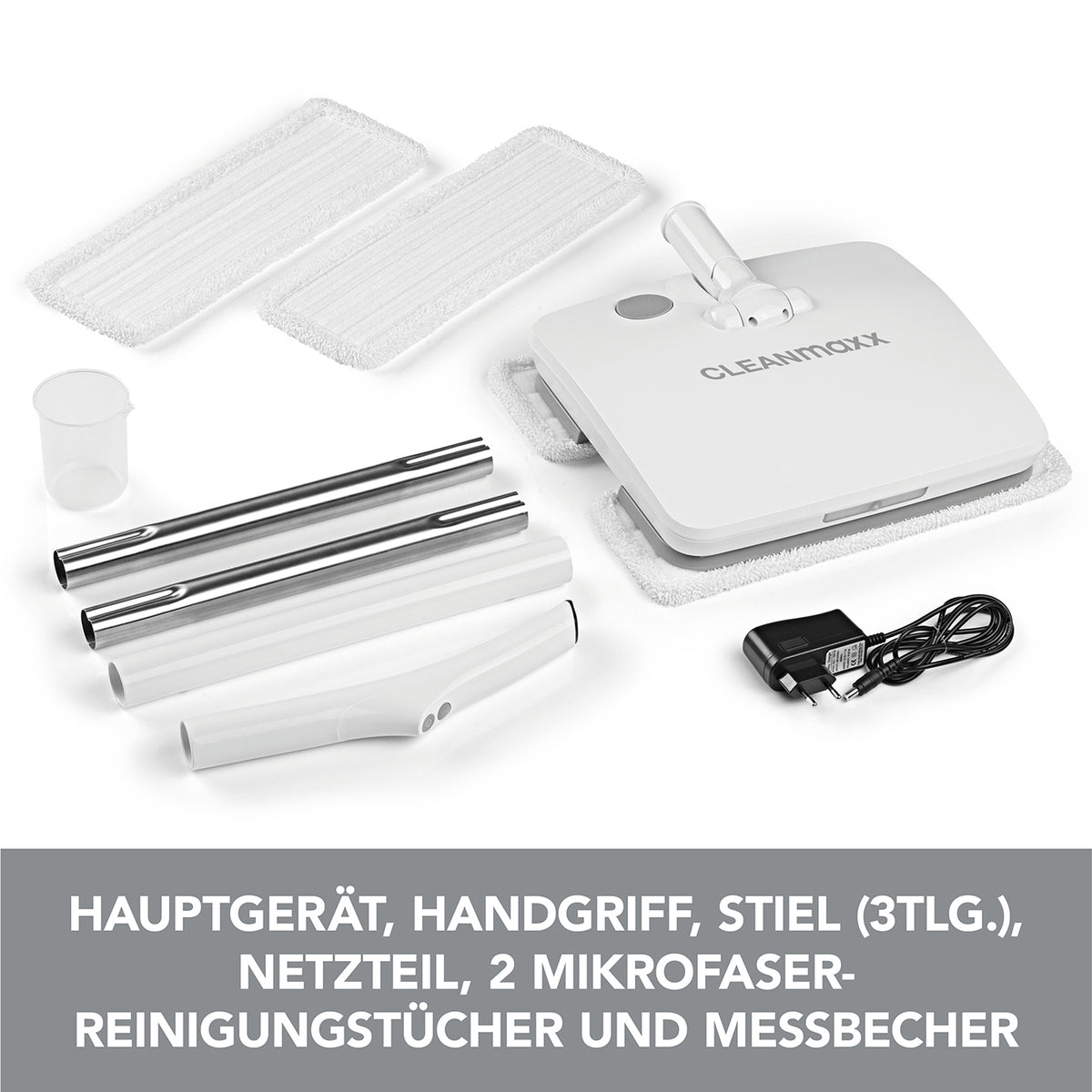 Akku-Vibrationsmopp - Weiß mit Hauptgerät, Handgriff, Stiel, Netzteil, 2 Mikrofaser Reinigungstücher und Messbecher für effektives Putzen.