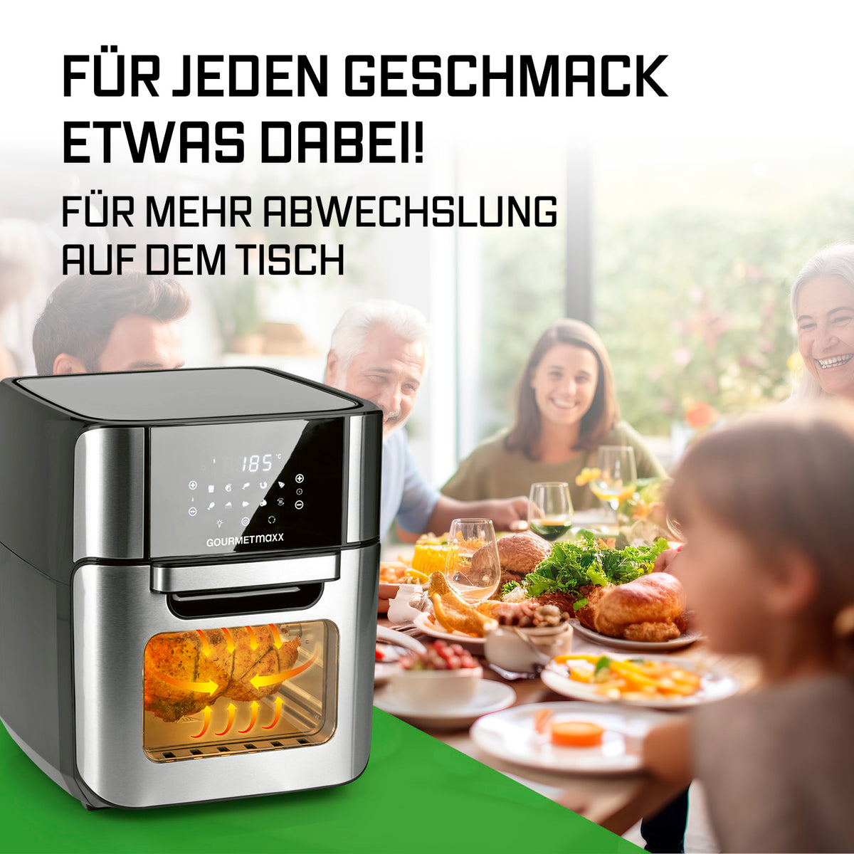 Digitale Heißluftfritteuse - 12 l Edelstahl/Schwarz mit 9 Funktionen und 360° Rapid Air Technology für fettarmes Garen.