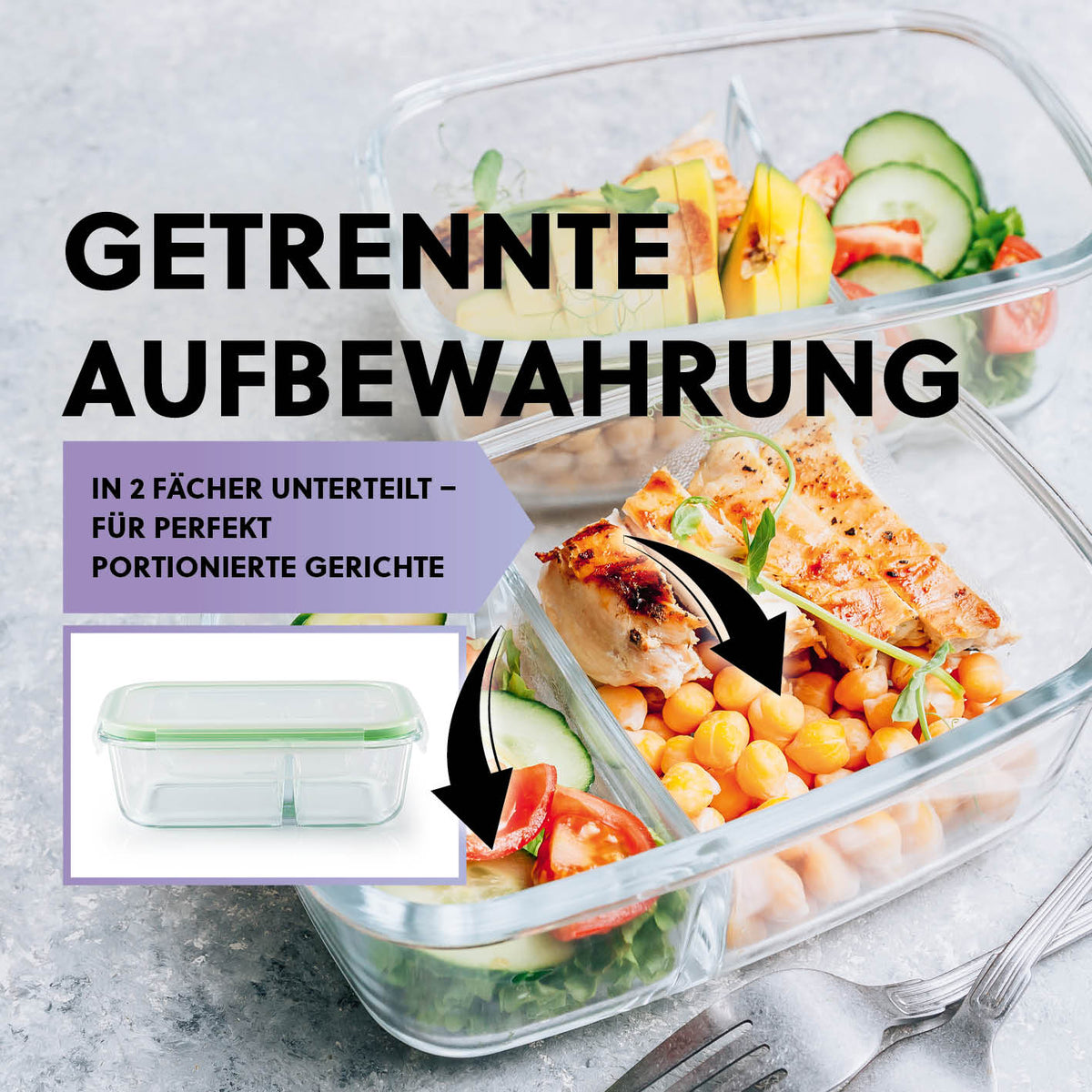 Frischhaltedosen Klick-it - 24-tlg. - Grün/Mint luftdichte Glasdosen mit zwei Fächern für getrennte Aufbewahrung von Mahlzeiten.