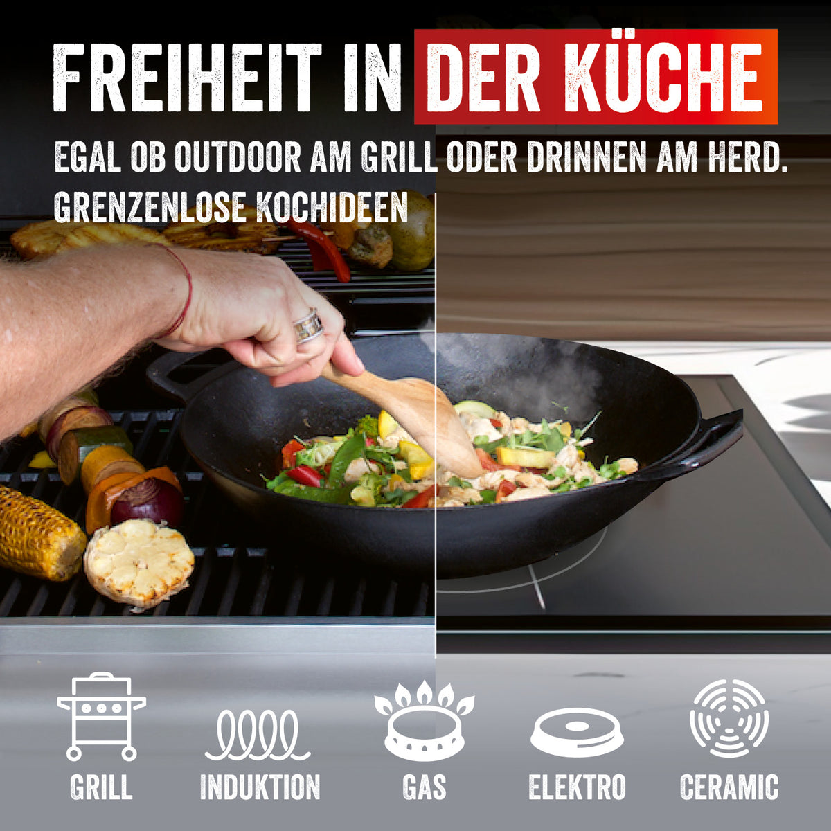 Grillwok aus emailliertem Gusseisen, flexibel für Gasgrill, Holzkohle und Herd, ideal für vielseitiges Grillen und Kochen.