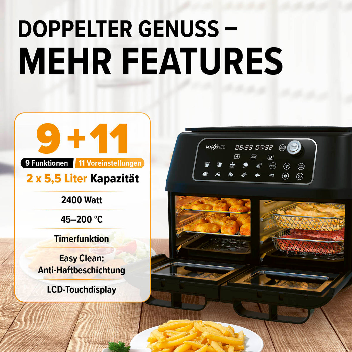 Doppelkammer-Heißluftfritteuse mit 2x5,5L, 2400W, 9 Funktionen, LCD-Touchdisplay und 45-200°C Temperaturbereich.