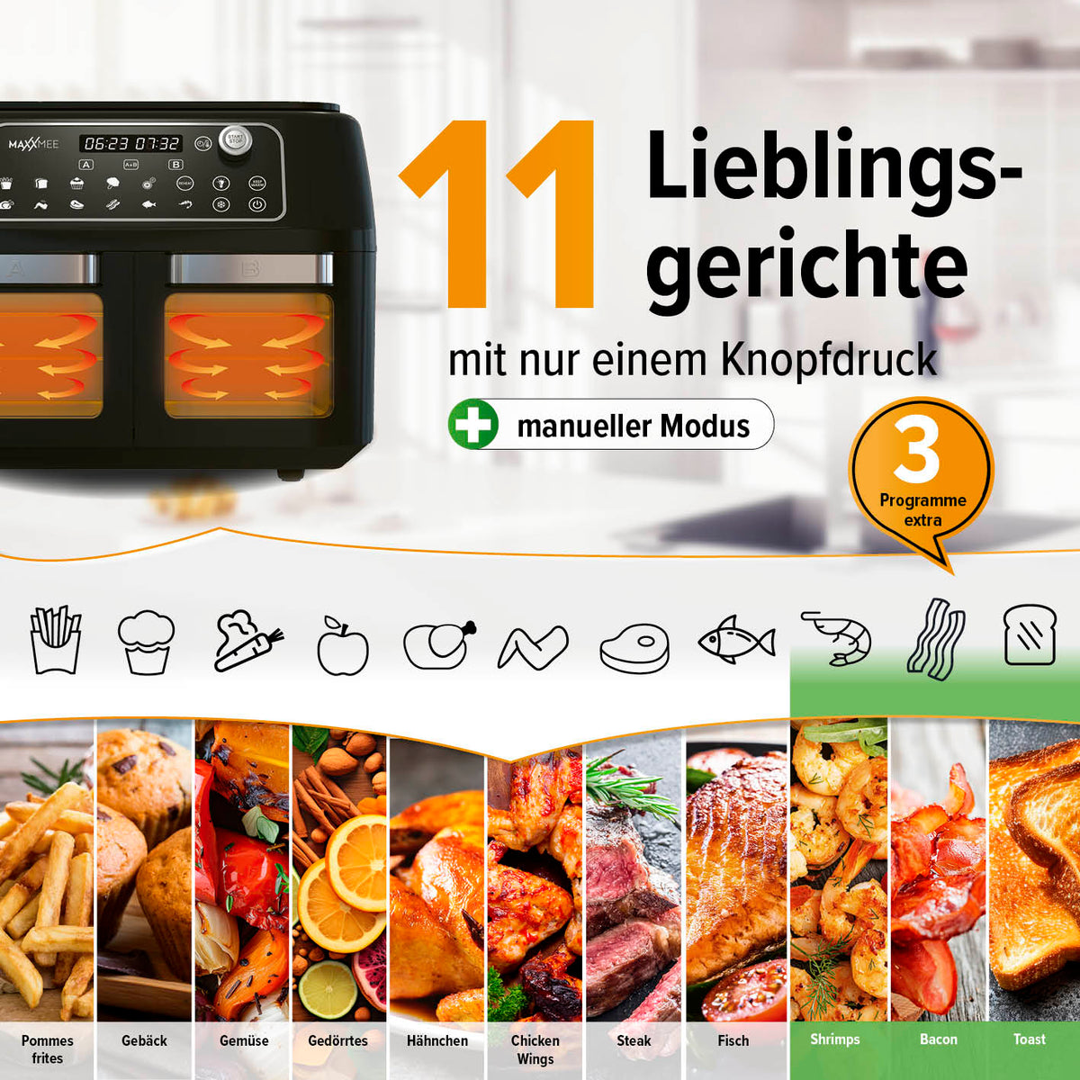 Doppelkammer-Heißluftfritteuse mit 2 Garzonen, 11 Programmen, manueller Modus und Touchdisplay für fettarmes Frittieren und vielfältige Gerichte.