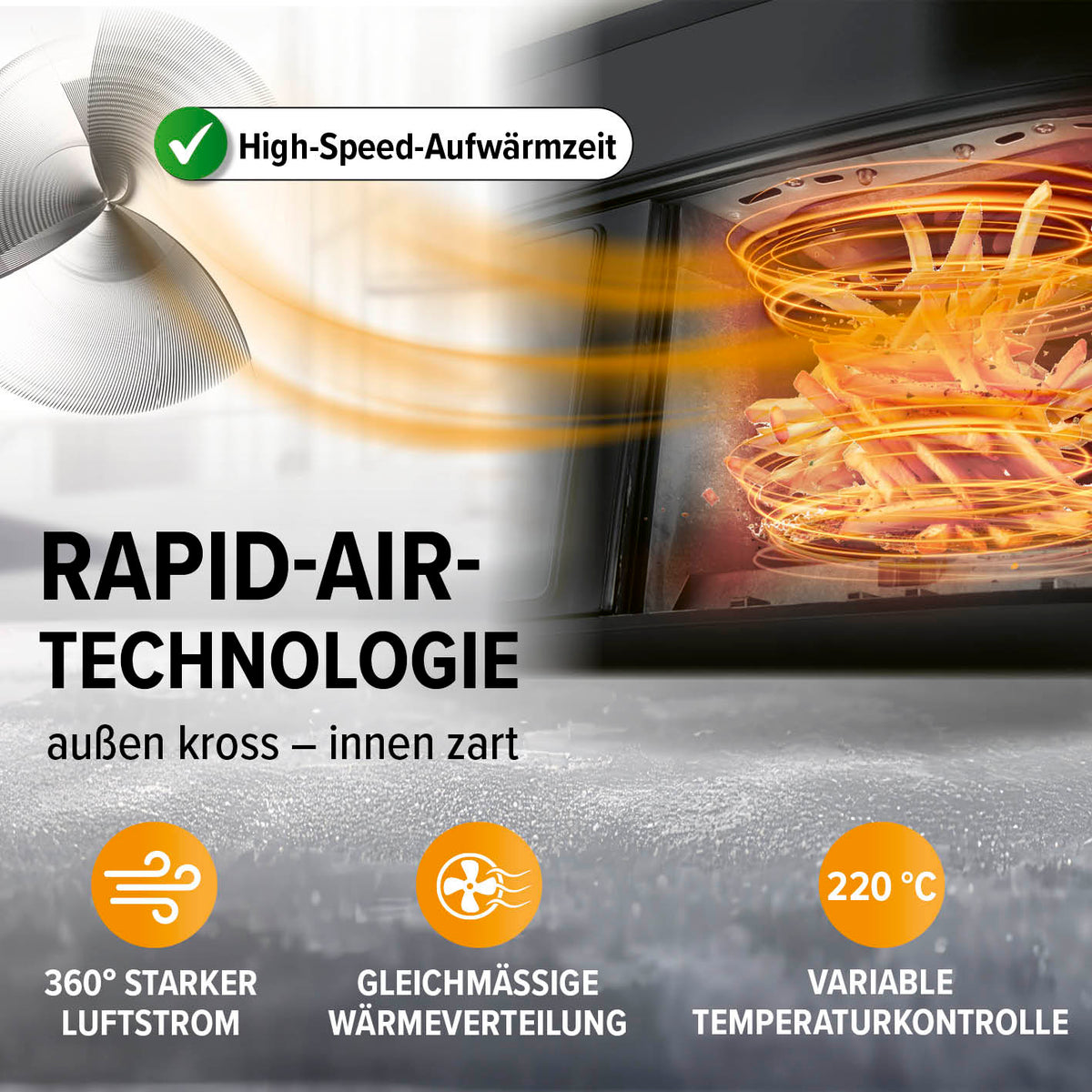 Doppelkammer-Heißluftfritteuse mit Rapid-Air-Technologie, 360° Luftstrom und variabler Temperatur bis 220 °C für fettarmes Frittieren.